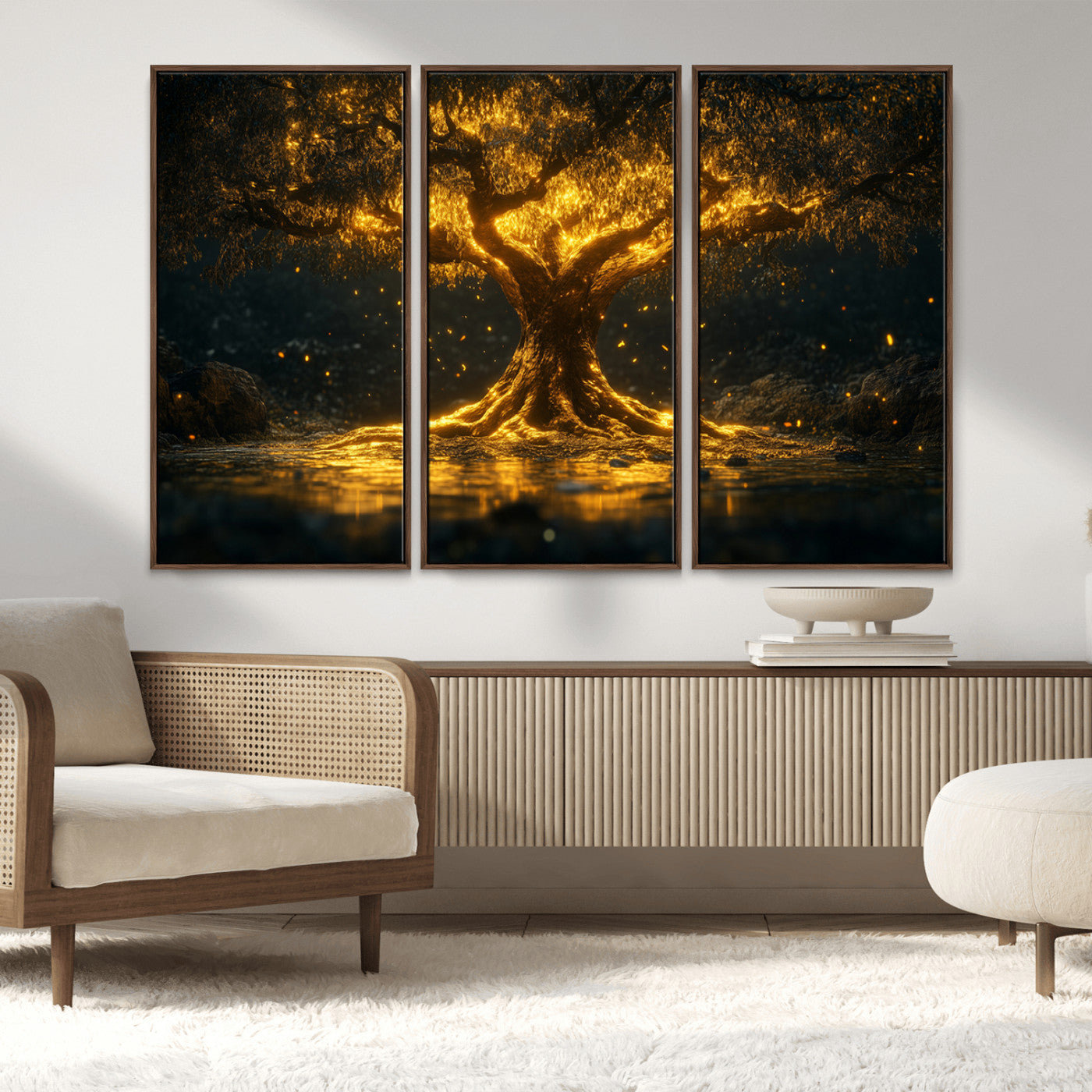 MGV-FC-48X32-3P - Golden Tree of Life Canvas Wall Art Print - Majestic Glowing Tree Wall Art Print