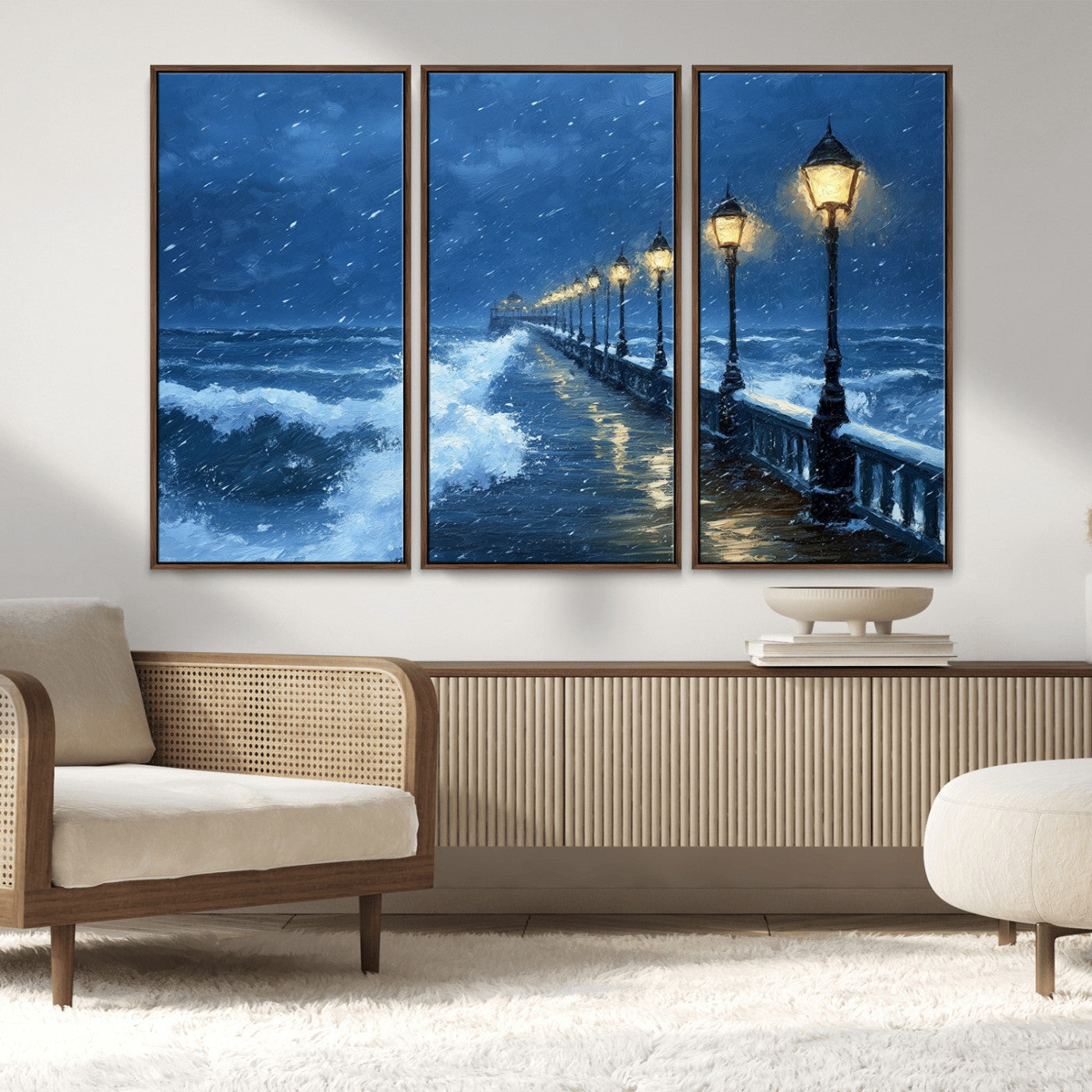 MGV-FC-48X32-3P - Stormy Ocean Pier Lights Canvas Wall Art Print - Large Moody Night Scene for Living Room, or Office,