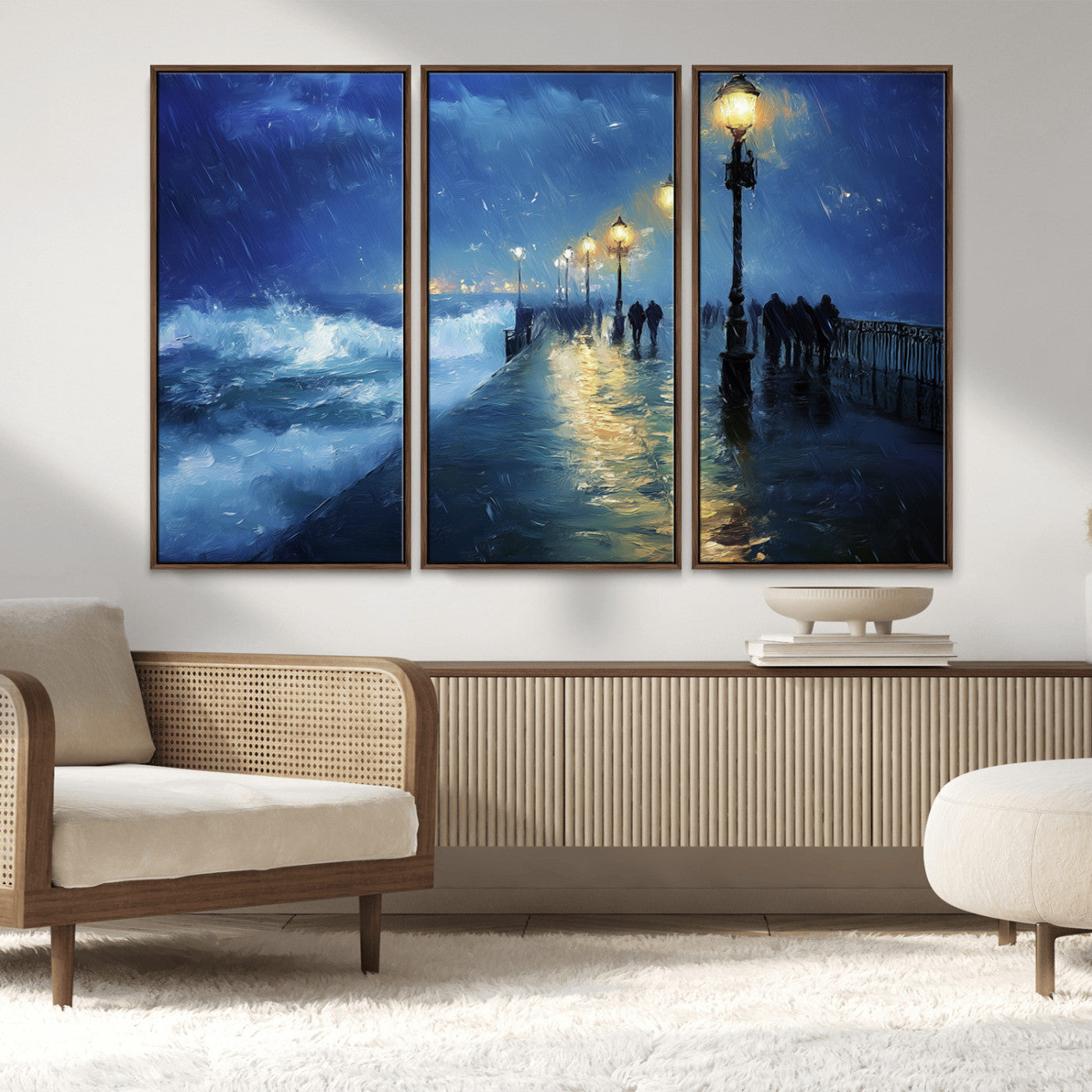MGV-FC-48X32-3P - Abstract Stormy Ocean Pier Canvas Wall Art Print | Stormy Ocean Art | Large Moody Night Scene Print,