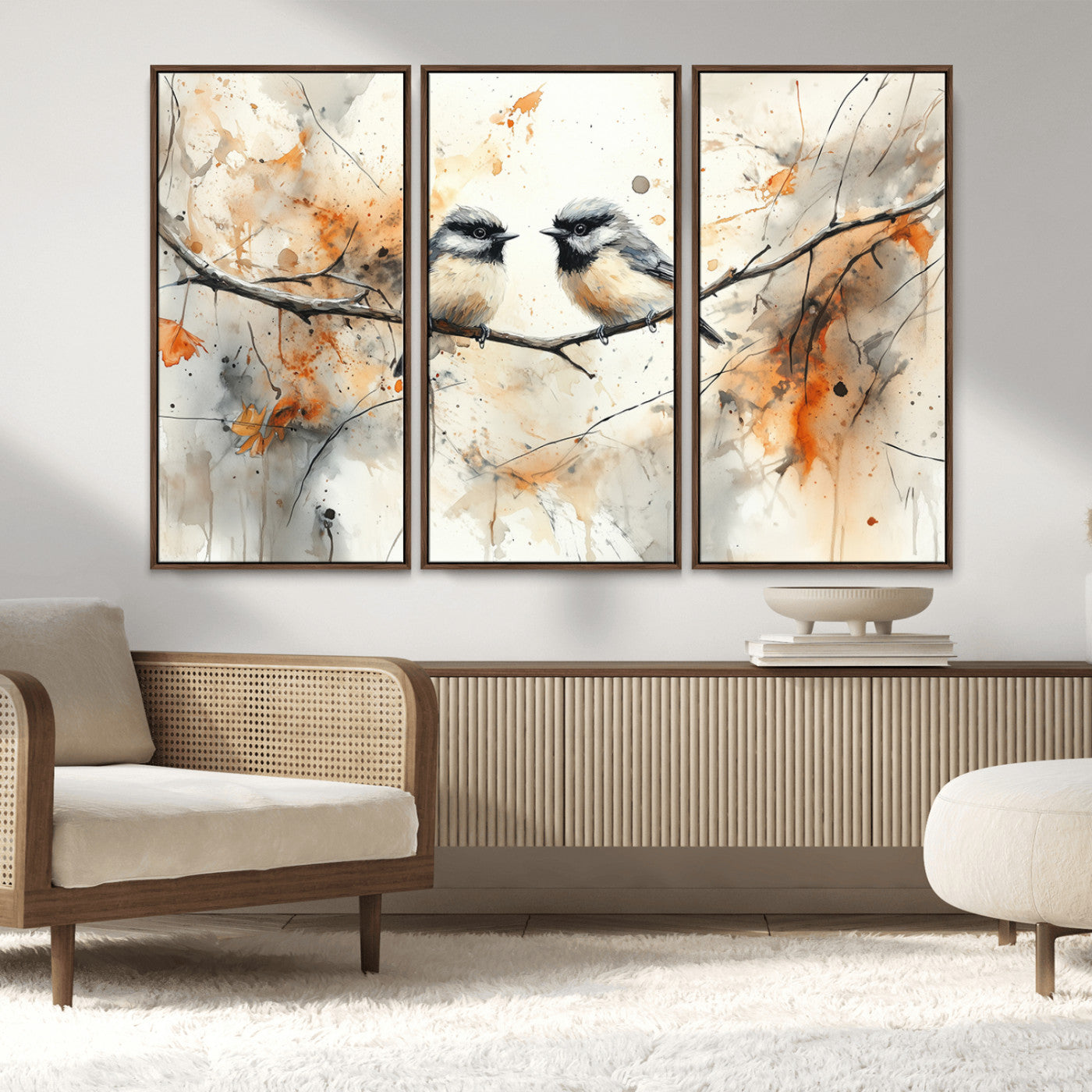 MGV-FC-48X32-3P - Abstract Watercolor Chickadee Bird Canvas Wall Art Print - Large Bird and Branch Wall Art, Modern