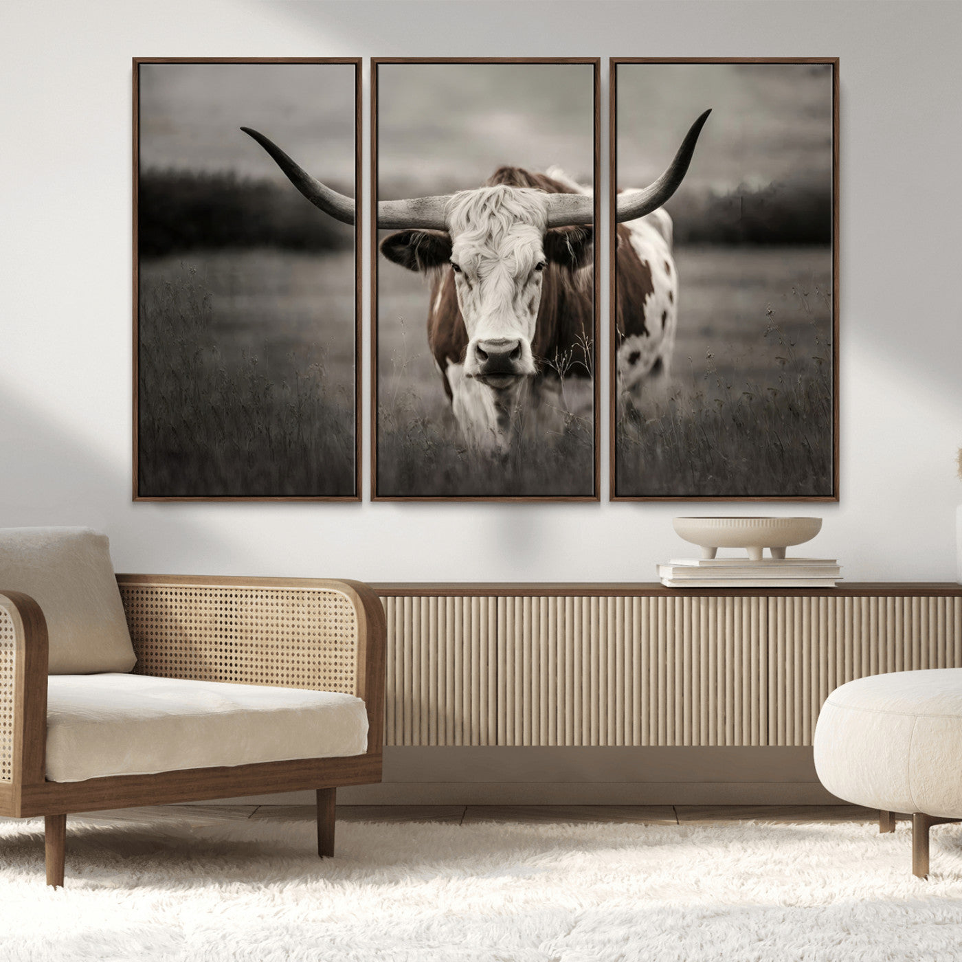MGV-FC-48X32-3P - Texas Longhorn Cow Canvas Wall Art Print - Large Rustic Longhorn Art for Living Room, Western Wall