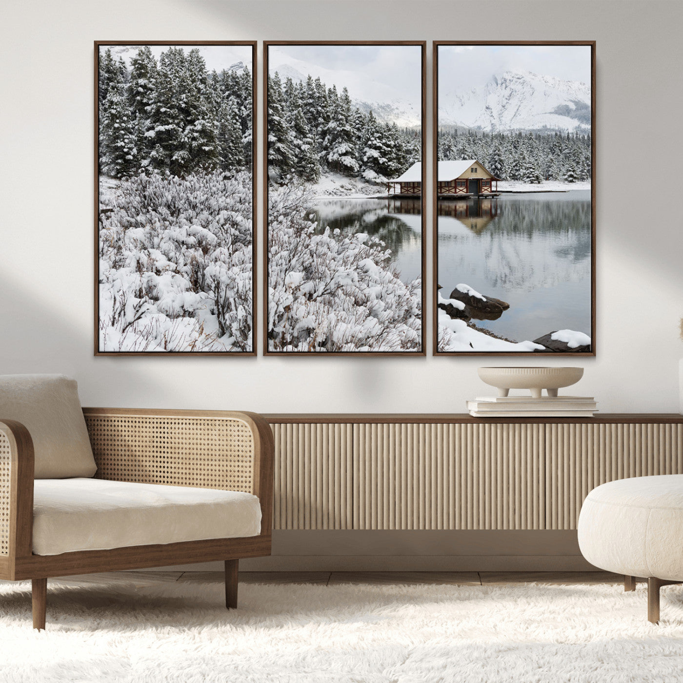 MGV-FC-48X32-3P - Winter Wall Art - Cabin by the Lake Canvas Wall Art - Serene Snowy Landscape with Mountain View,