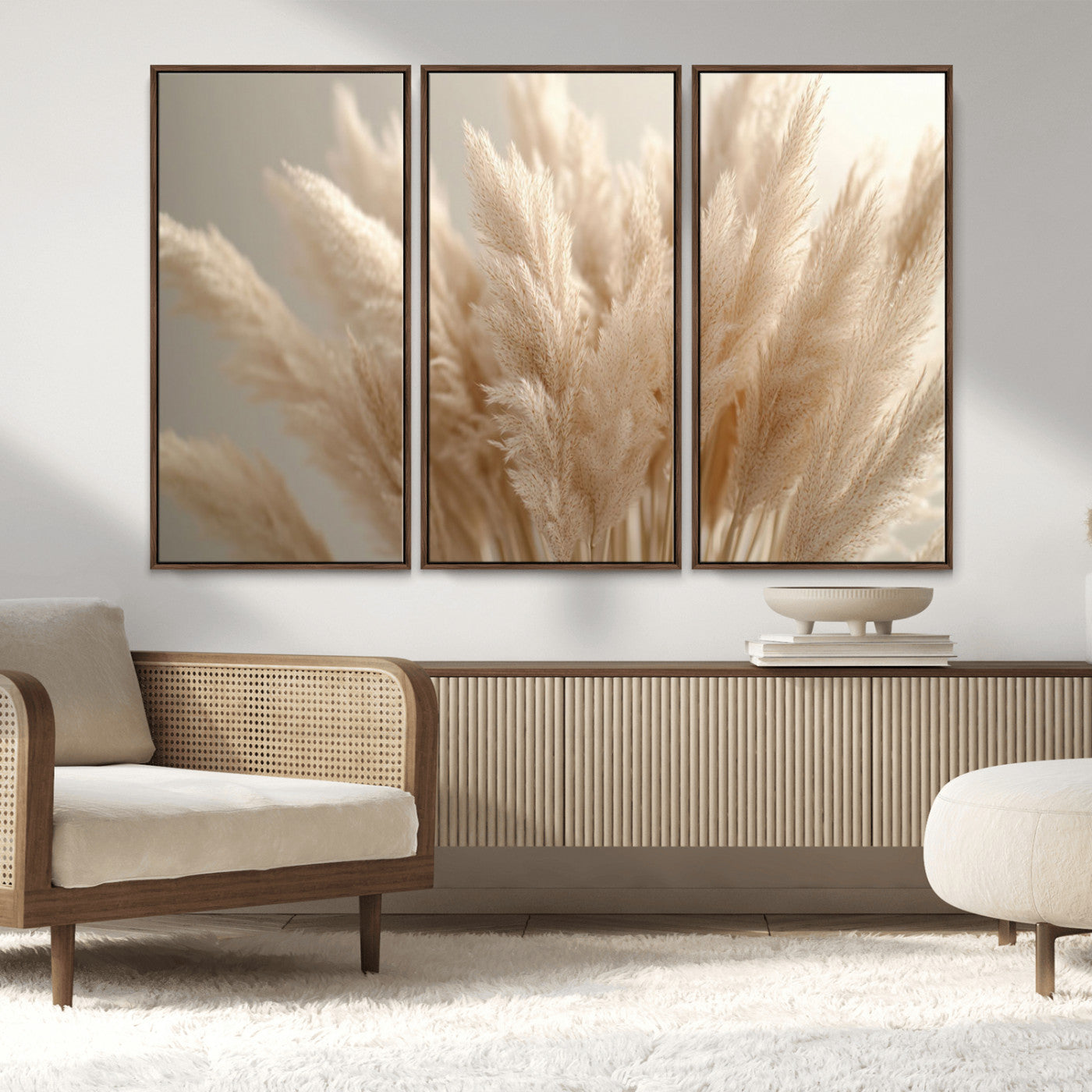 MGV-FC-48X32-3P - Pampas Grass Canvas Wall Art - Elegant Neutral Decor for Living Room, Boho Minimalist Artwork, Ready
