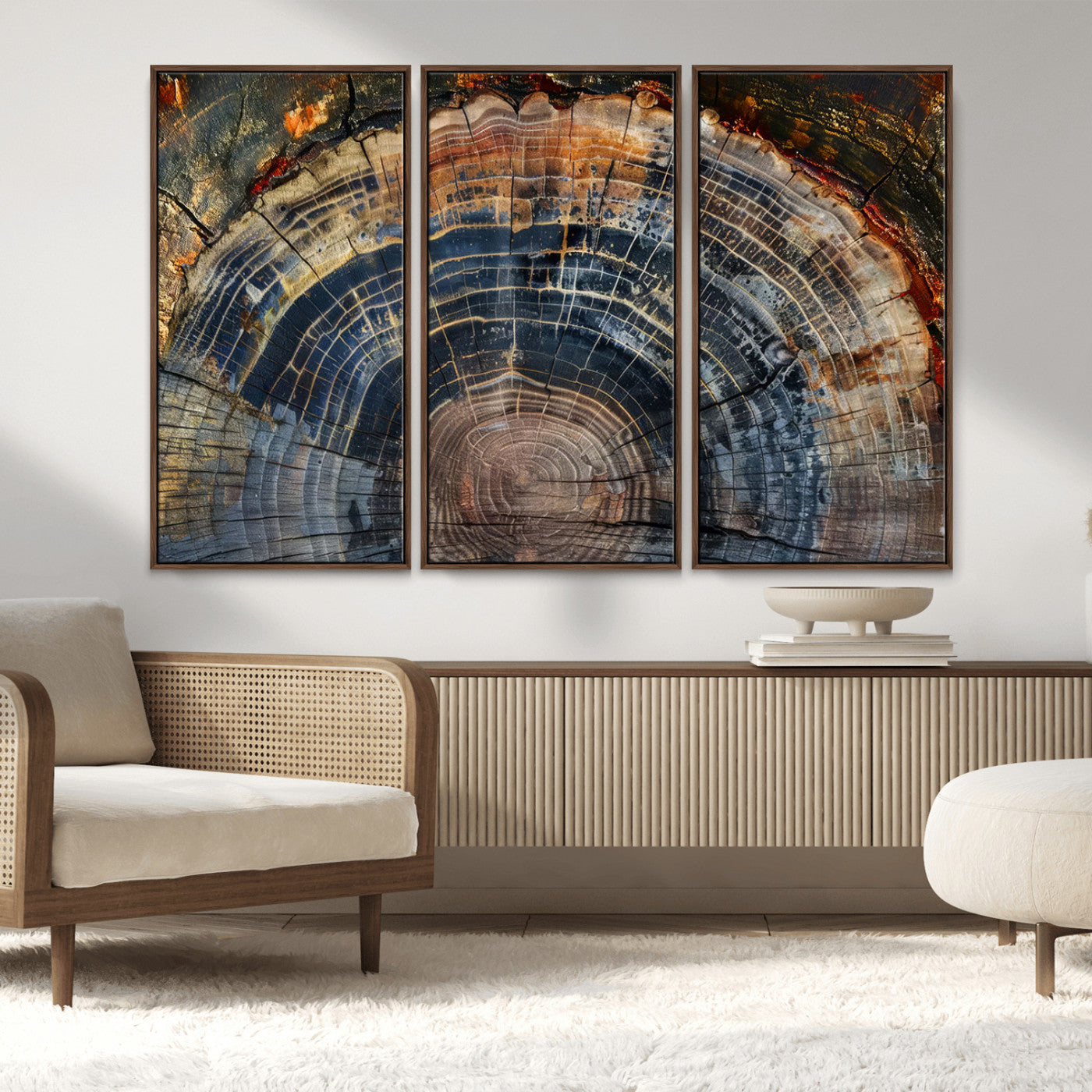 MGV-FC-48X32-3P - Framed Tree Ring Wall Art - Abstract Colorful Tree Ring Wall Decor, Minimalist Home Canvas Art,