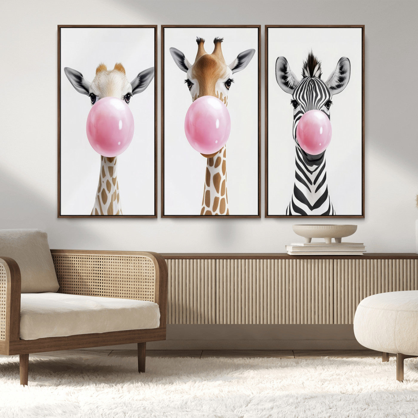MGV-FC-48X32-3P - Bubblegum Animals Canvas Wall Art - Playful Giraffe and Zebra Trio, Fun Nursery Decor for Kids'