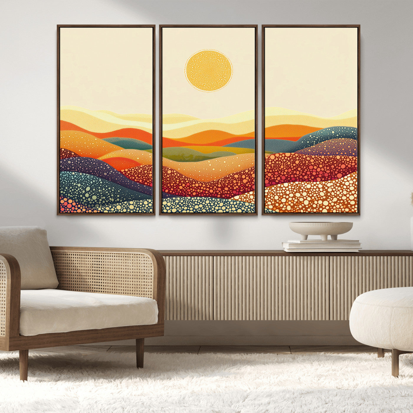 MGV-FC-48X32-3P - YAYOI KUSAMA Colorful Dot Art Landscape Canvas - Framed Abstract Pointillism Inspired by Nature with