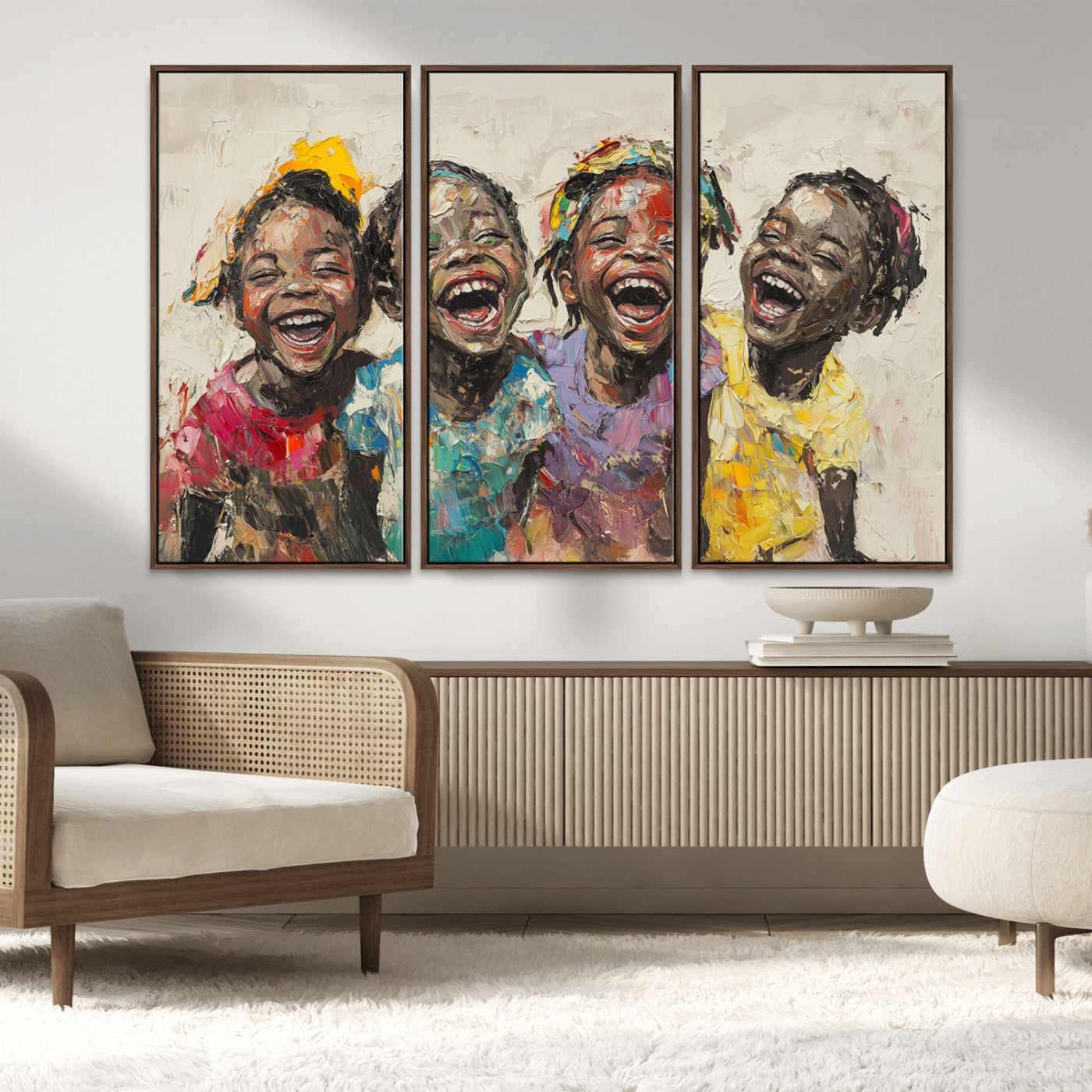 MGV-FC-48X32-3P - Shai Yossef style Joyful Childhood Canvas Wall Art - Expressive Impasto Painting of Black Children