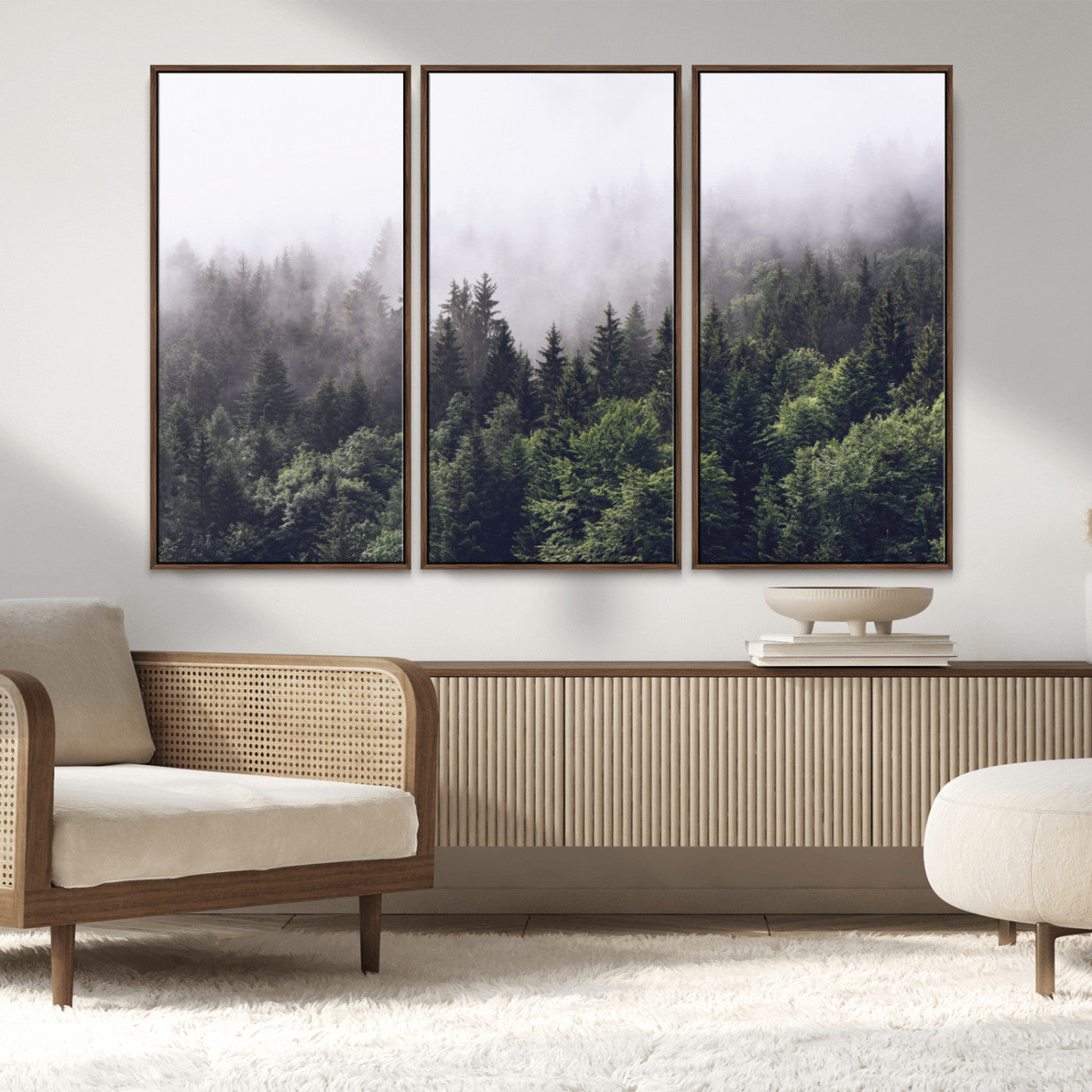 MGV-FC-48X32-3P - Misty Forest Wall Art | Foggy Forest Canvas Print | Large Nature-Inspired Misty Tree Landscape for