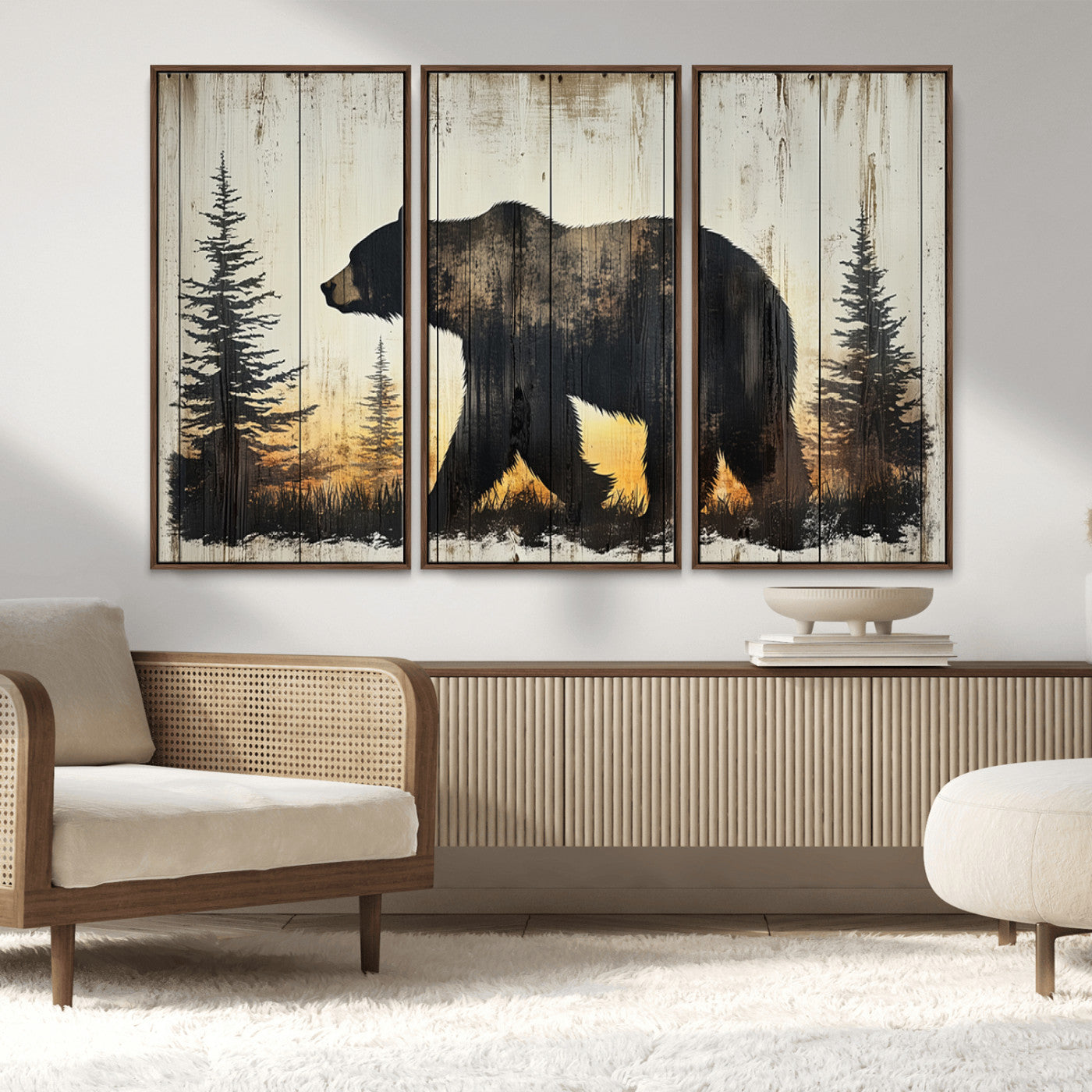 83875-MGV-FC-48X32-3P_Walnut-Vintage Bear Wall Art Canvas Print for Farmhouse - Mountain Wood Canvas Wall Art - Forest Silhouette