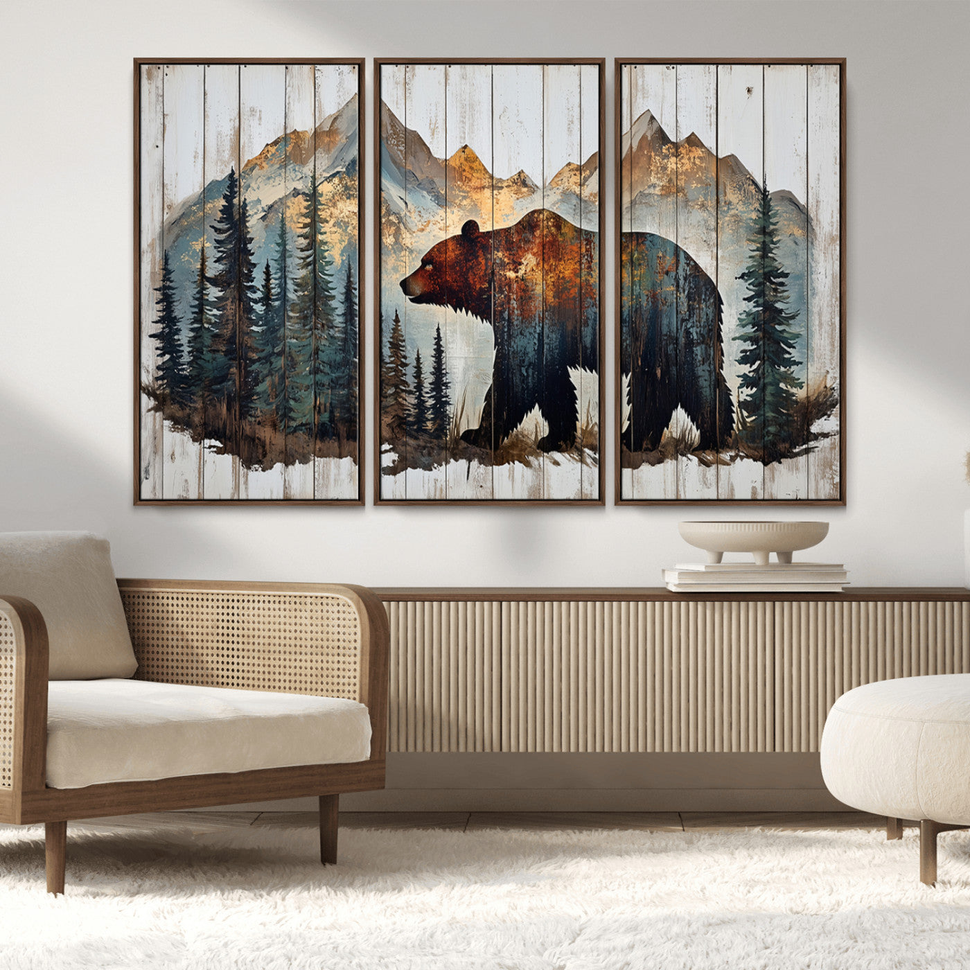 55777-MGV-FC-48X32-3P_Walnut-Rustic Grizzly 399 Bear and Mountain Wood Canvas Wall Art - Framed Nature Artwork with Forest