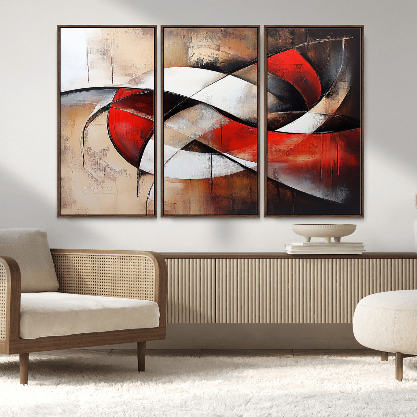MGV-FC-48X32-3P - Abstract Wall Art - Modern Red and White Canvas Wall Art Print - Bold Geometric Abstract Canvas for