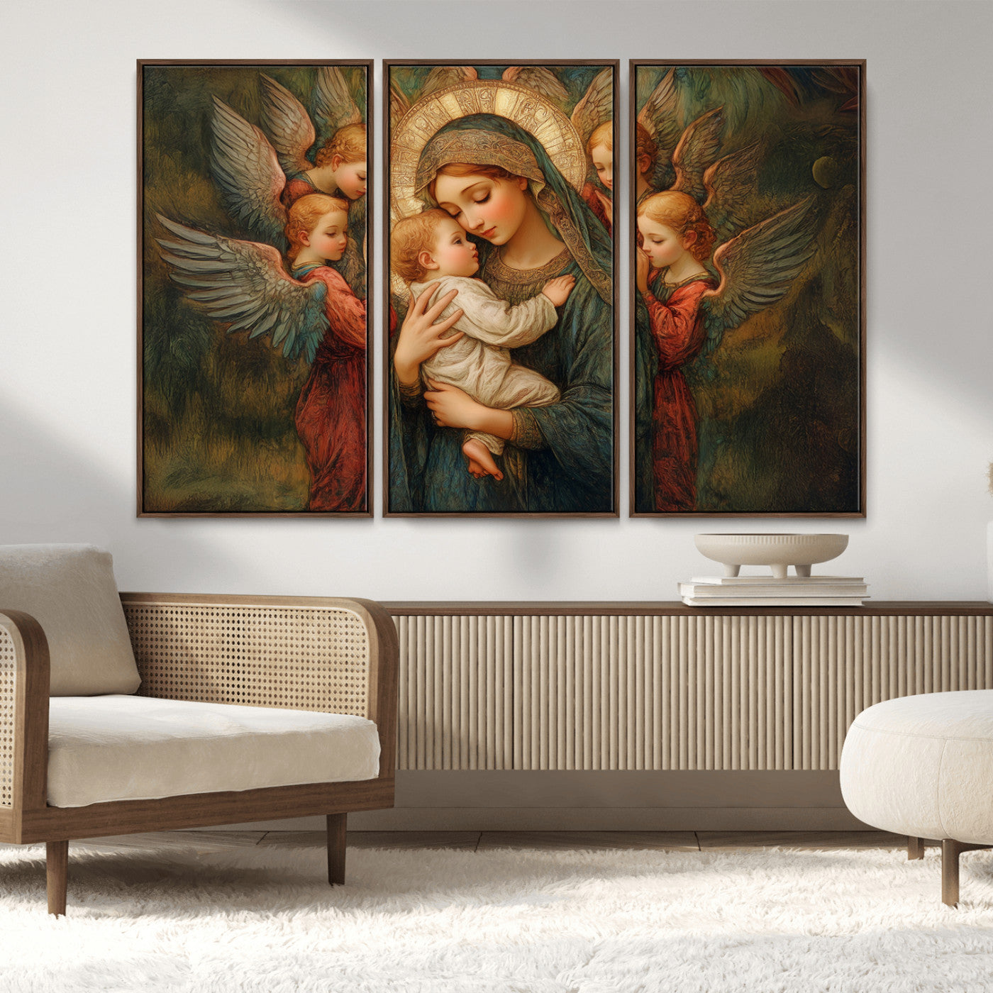MGV-FC-48X32-3P - Mary Jesus Canvas Wall Art Print - Madonna and Child with Angels Art Print - Classic Christian