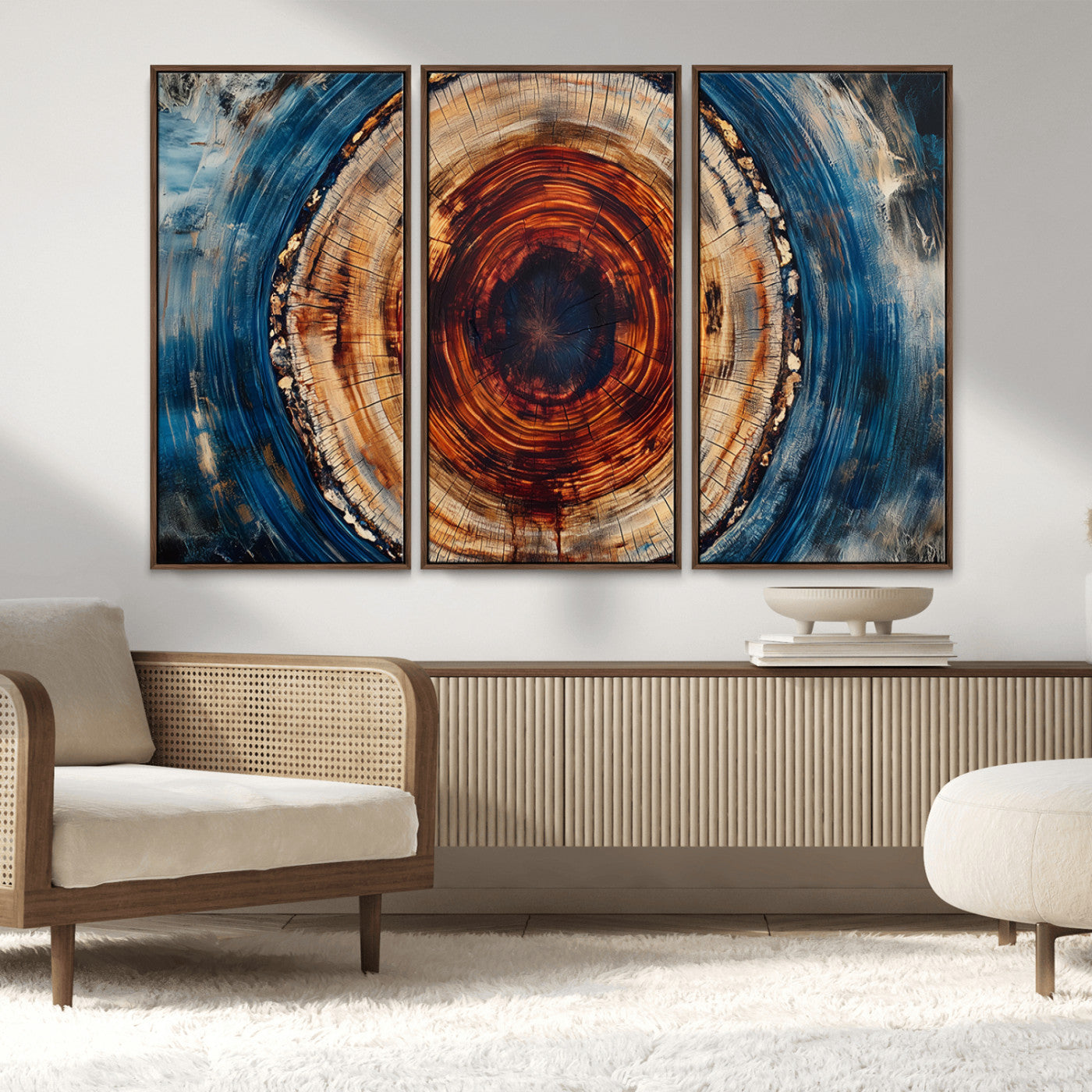 MGV-FC-48X32-3P - Abstract Framed Tree Rings Wall Decor, Wood Grain Rings Artwork Print, Nature Woodland Modern Wall