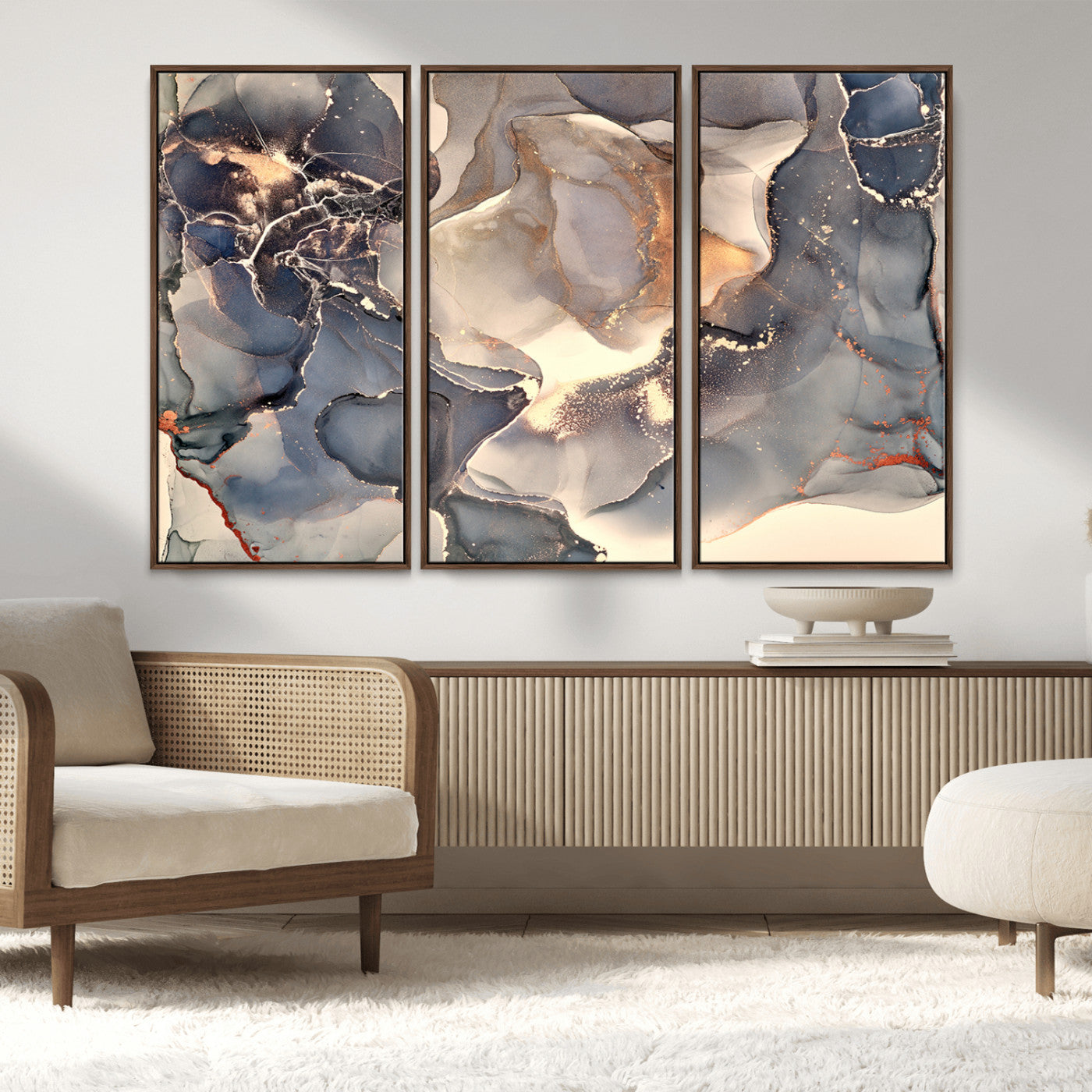 MGV-FC-48X32-3P - Abstract Blue and Gold Wall Art - Fluid Ink Artwork - Modern Luxury Wall Decor for Contemporary