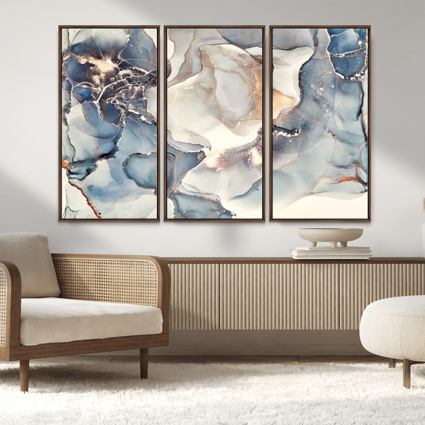 MGV-FC-48X32-3P - Abstract Blue and Gold Canvas Wall Art - Fluid Modern Ink Artwork - Modern Luxury Wall Decor for