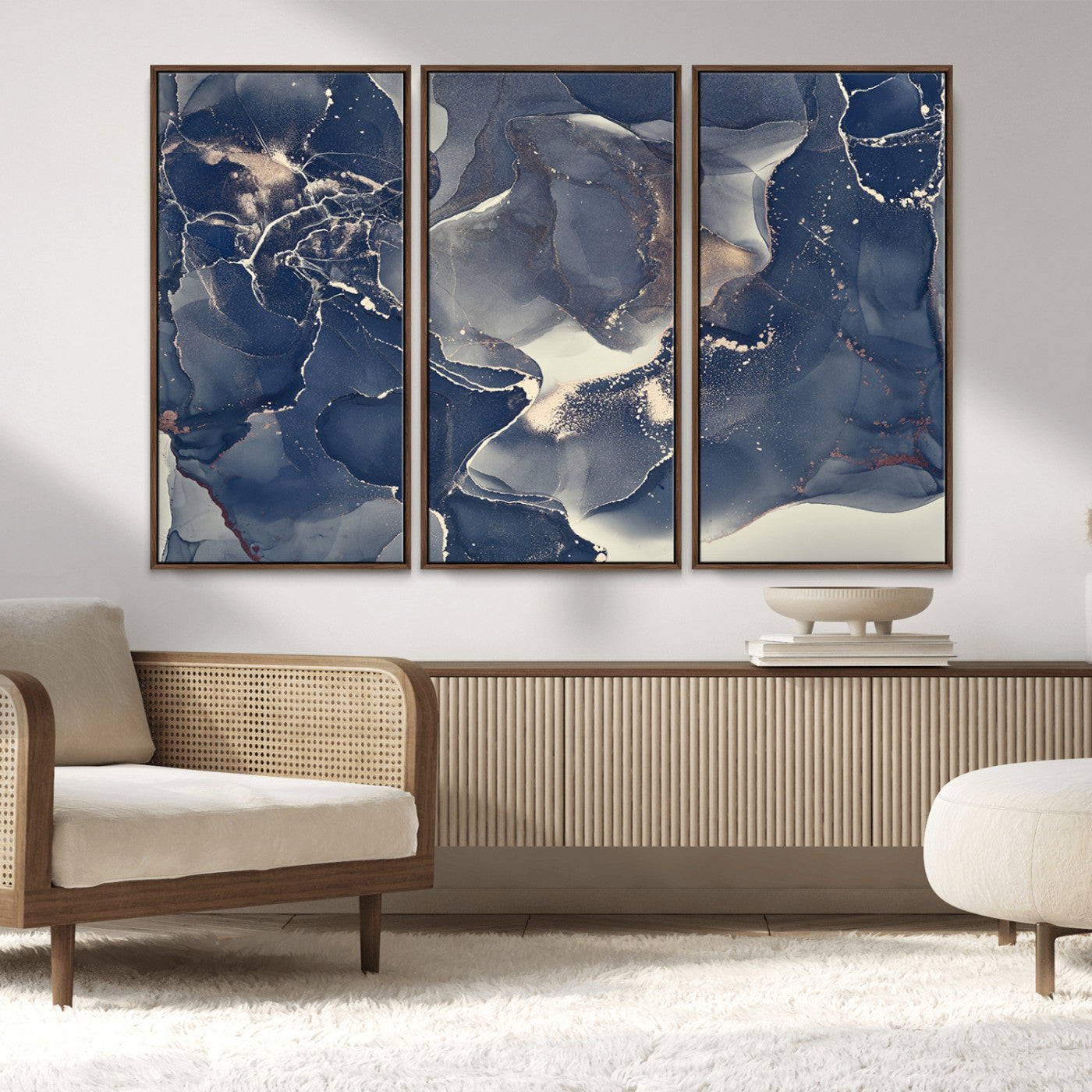MGV-FC-48X32-3P - Large Abstract Blue and Gold Canvas Wall Art | Fluid Ink Artwork Print | Luxury Wall Decor for