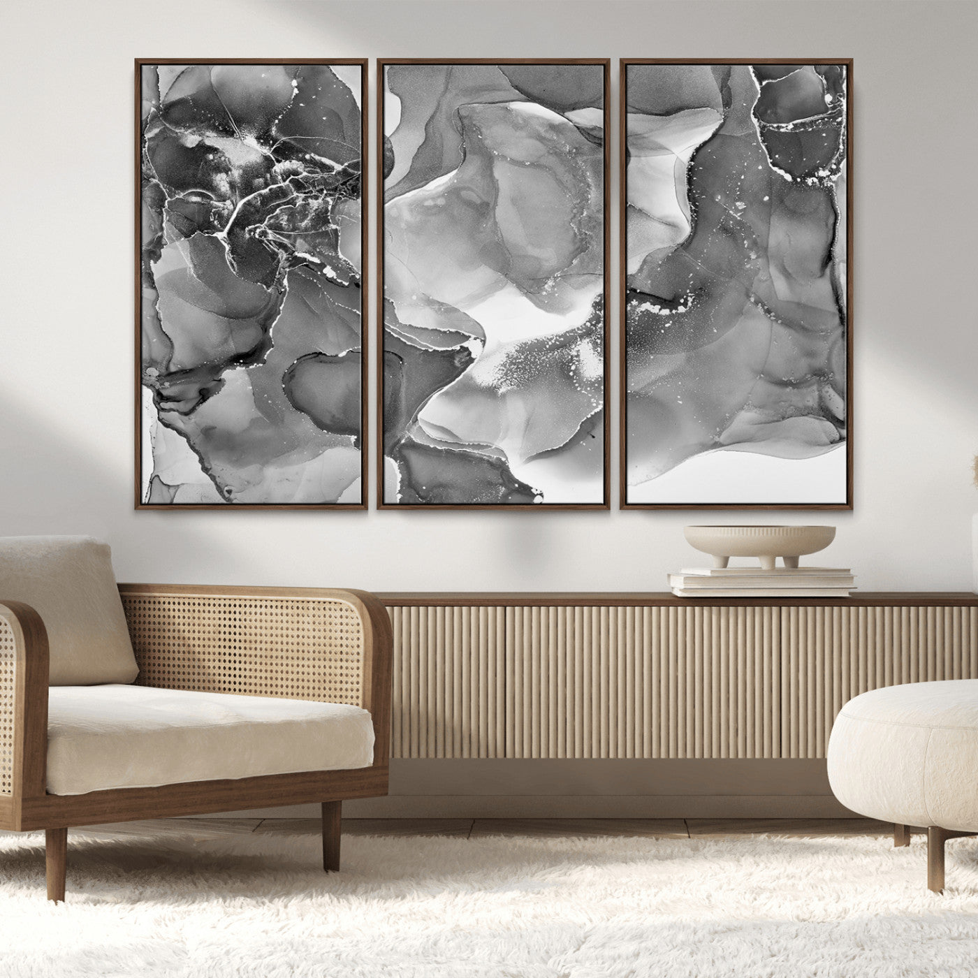 MGV-FC-48X32-3P - Black White Abstract Canvas Wall Art - Fluid Ink Artwork - Modern Luxury Wall Decor for Contemporary