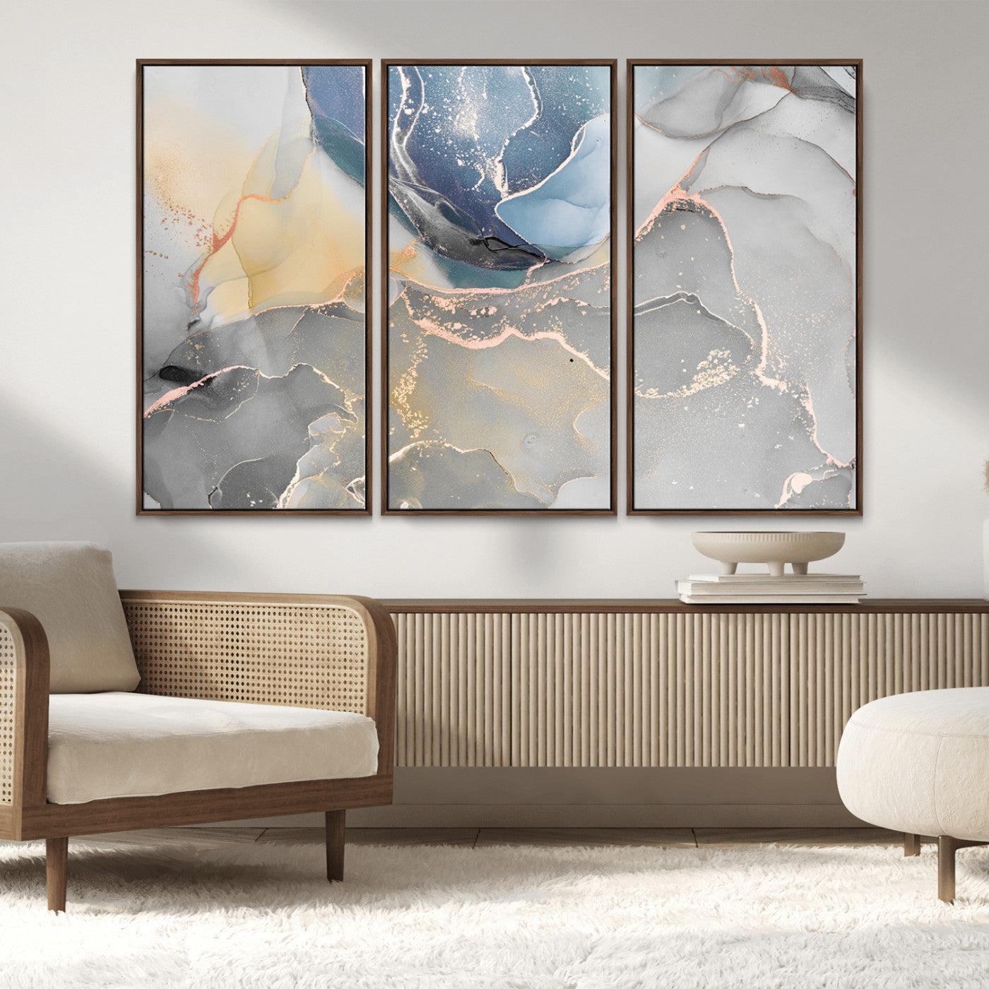 MGV-FC-48X32-3P - Large Abstract Blue and Gold Canvas Wall Art | Fluid Ink Artwork Print | Luxury Wall Decor for