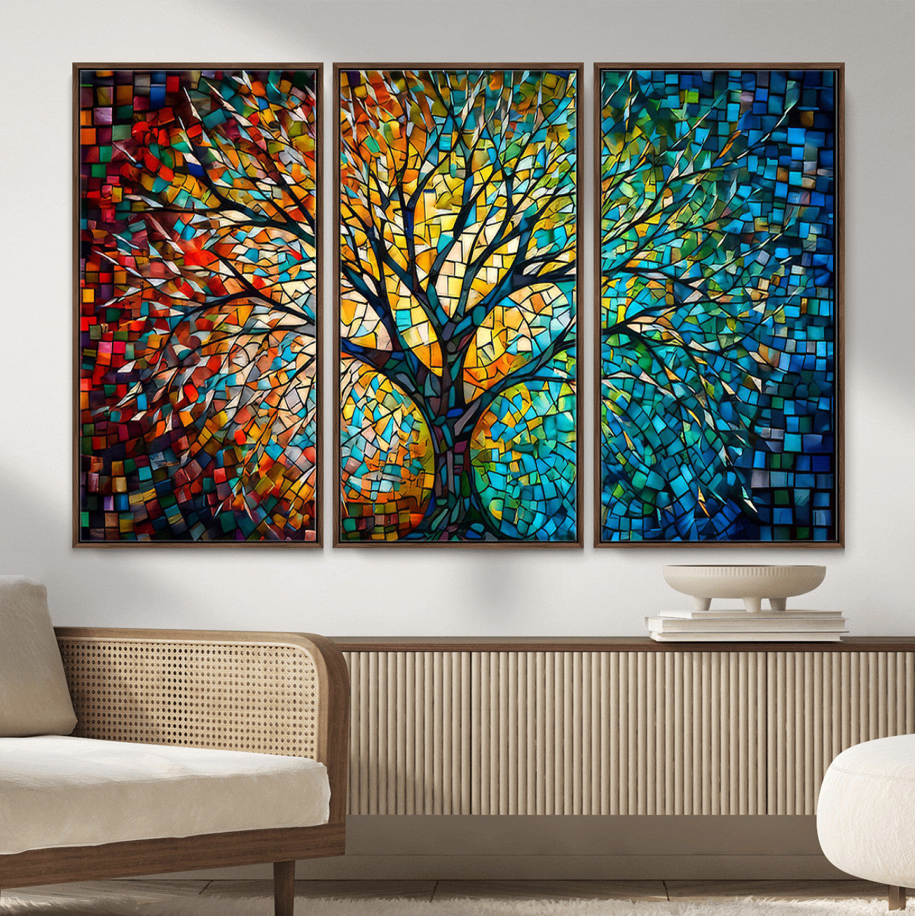 99325-MGV-CV-36X24 - Yggdrasil Tree of Life Wall Art Print Canvas | Mosaic Style 3-Panel Canvas Print
