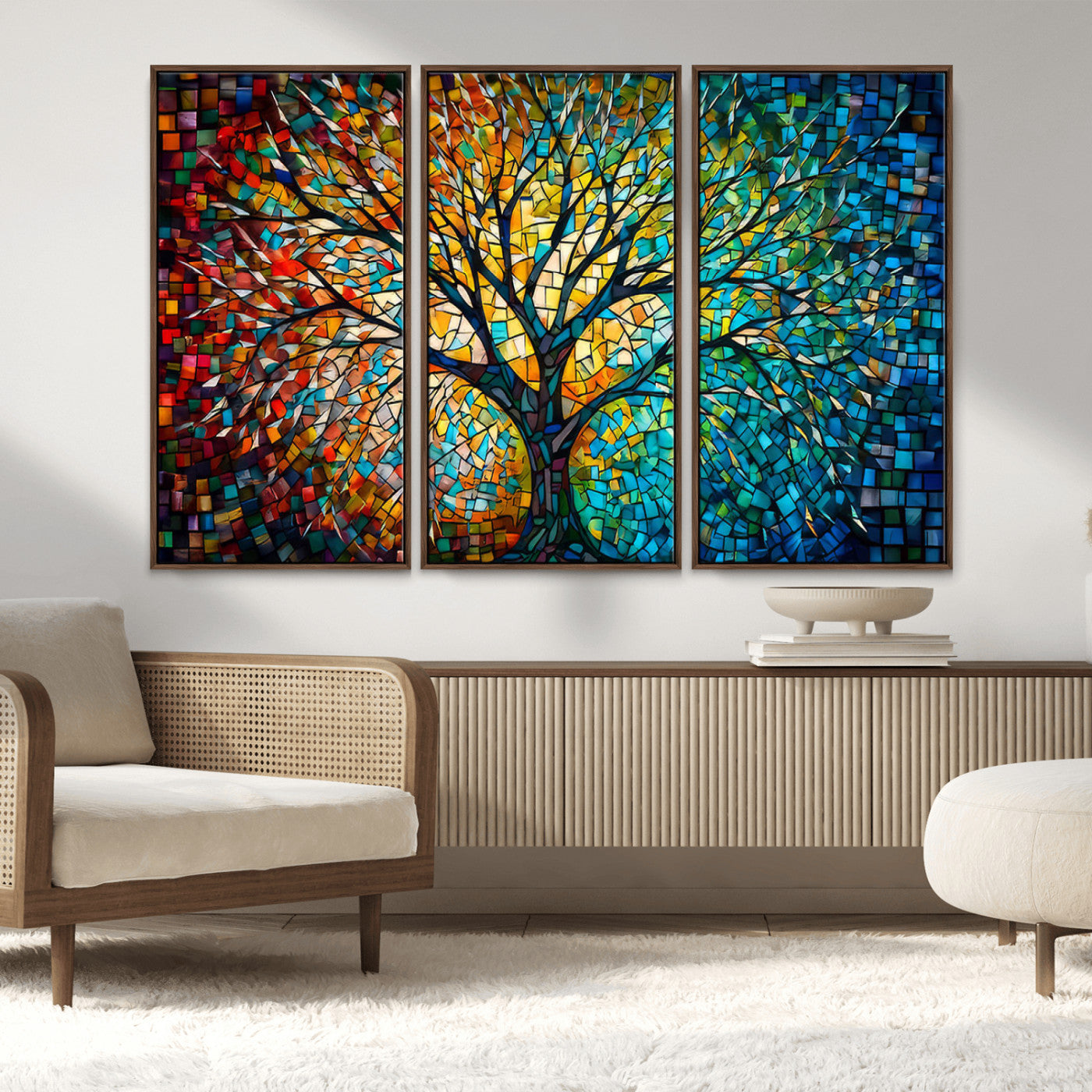 99325-MGV-FC-48X32-3P_Walnut-Yggdrasil Tree of Life Wall Art Print Canvas | Mosaic Style 3-Panel Canvas Print