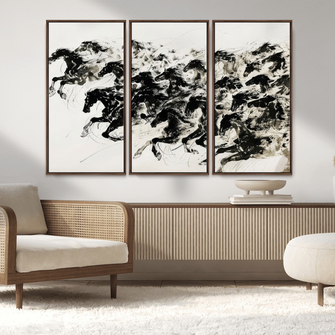 MGV-FC-48X32-3P - Abstract Horse Wall Art Canvas Print - Dynamic Black Ink Horse Print - Modern Equine Wall Decor for