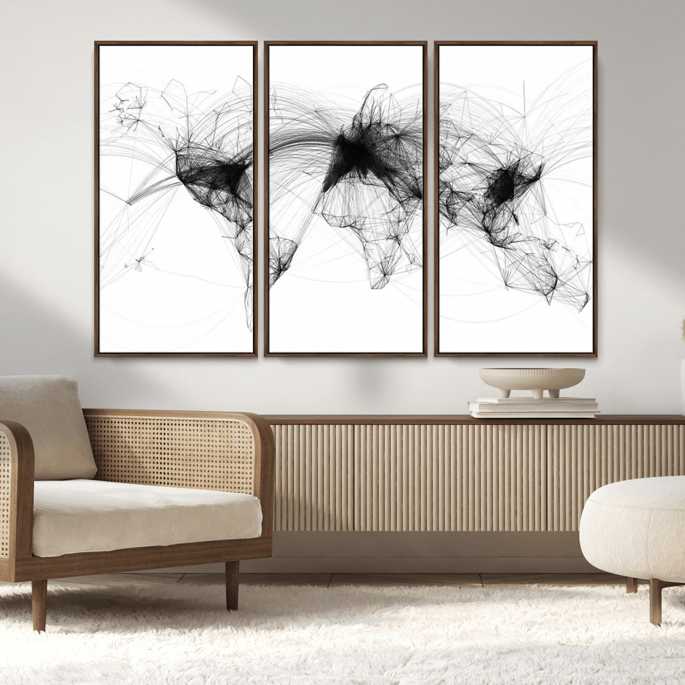 A minimalist abstract world map created from interconnected black lines representing global connectivity and communication networks.