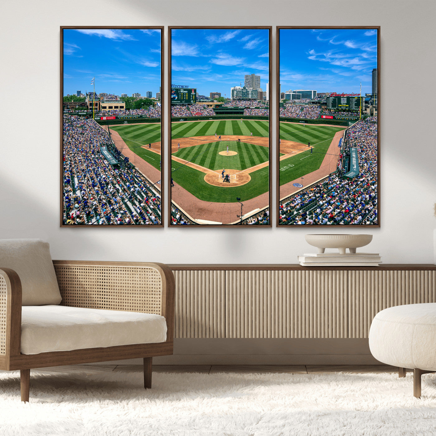 MGV-FC-48X32-3P - Framed Wrigley Field Chicago Cubs Print, Panoramic Multi Piece Canvas Wall Art - Iconic Baseball
