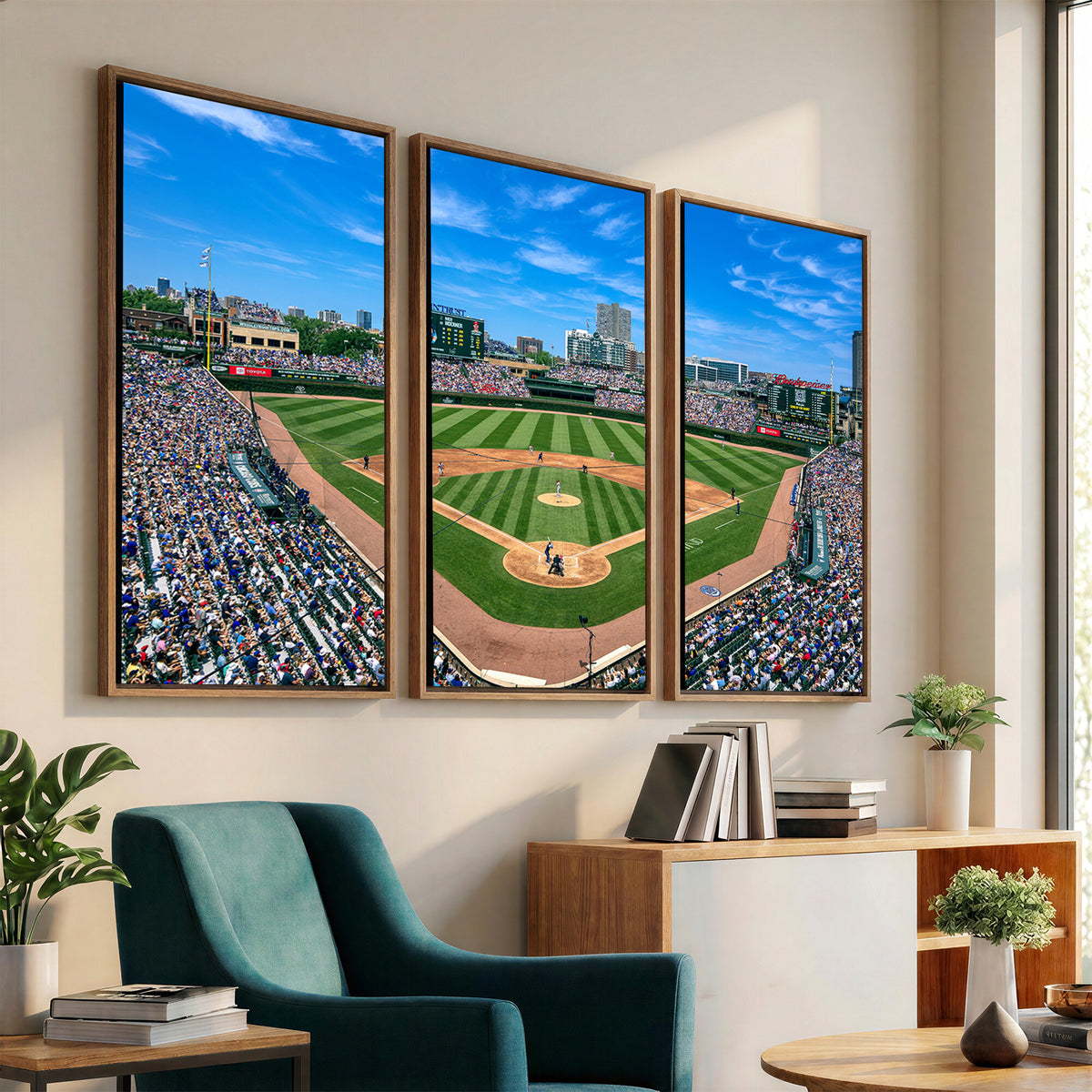 26064-MGV-CV-36X24 - Framed Wrigley Field Chicago Cubs Canvas Print – Panoramic Multi-Piece Iconic Baseball Stadium Wall Art for Home, Office