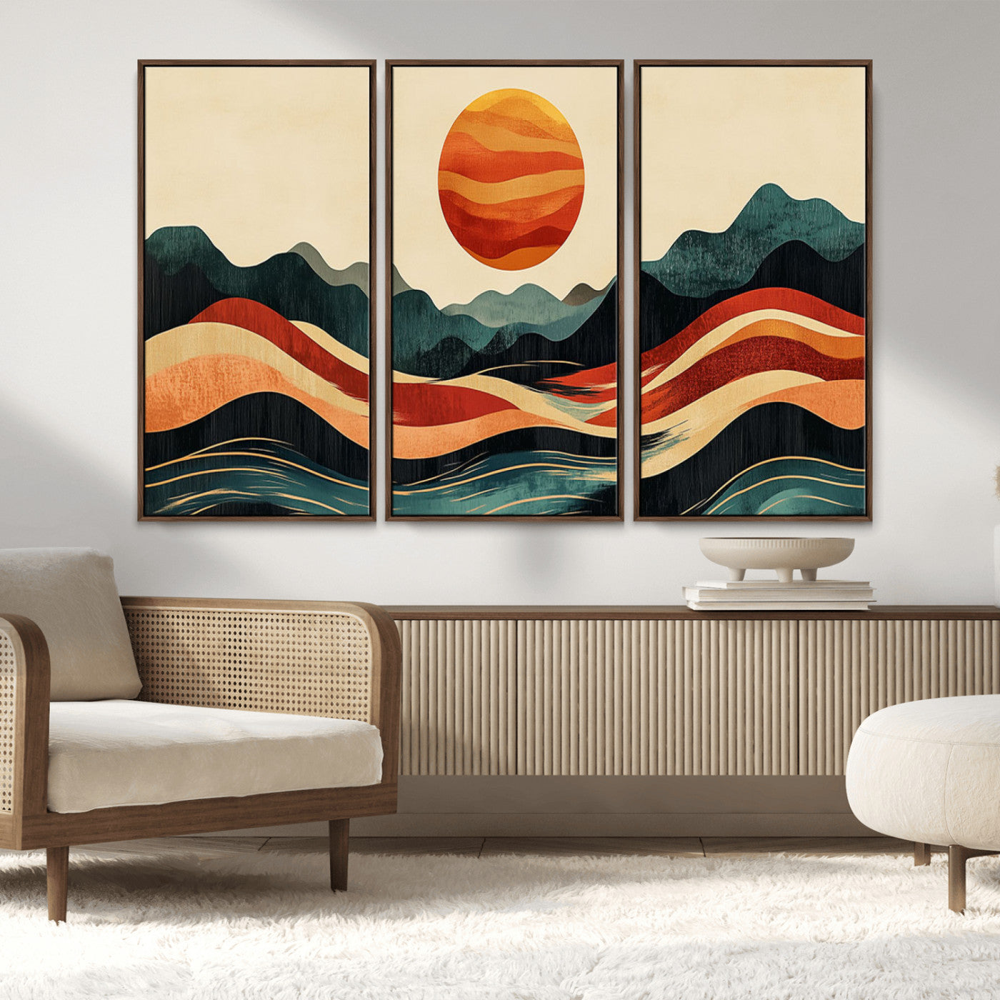 MGV-FC-48X32-3P - Mountain Triptych Wall Art - Western Nature Prints - Framed Boho Pine Tree Canvas for Log Cabin or