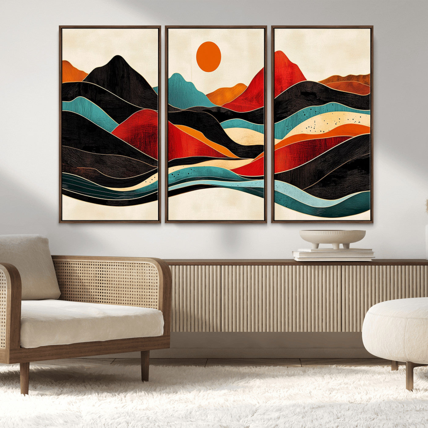 MGV-FC-48X32-3P - Western Wall Decor - Large Triptych Mountain Canvas - Boho Woodland Wall Art Print - Framed