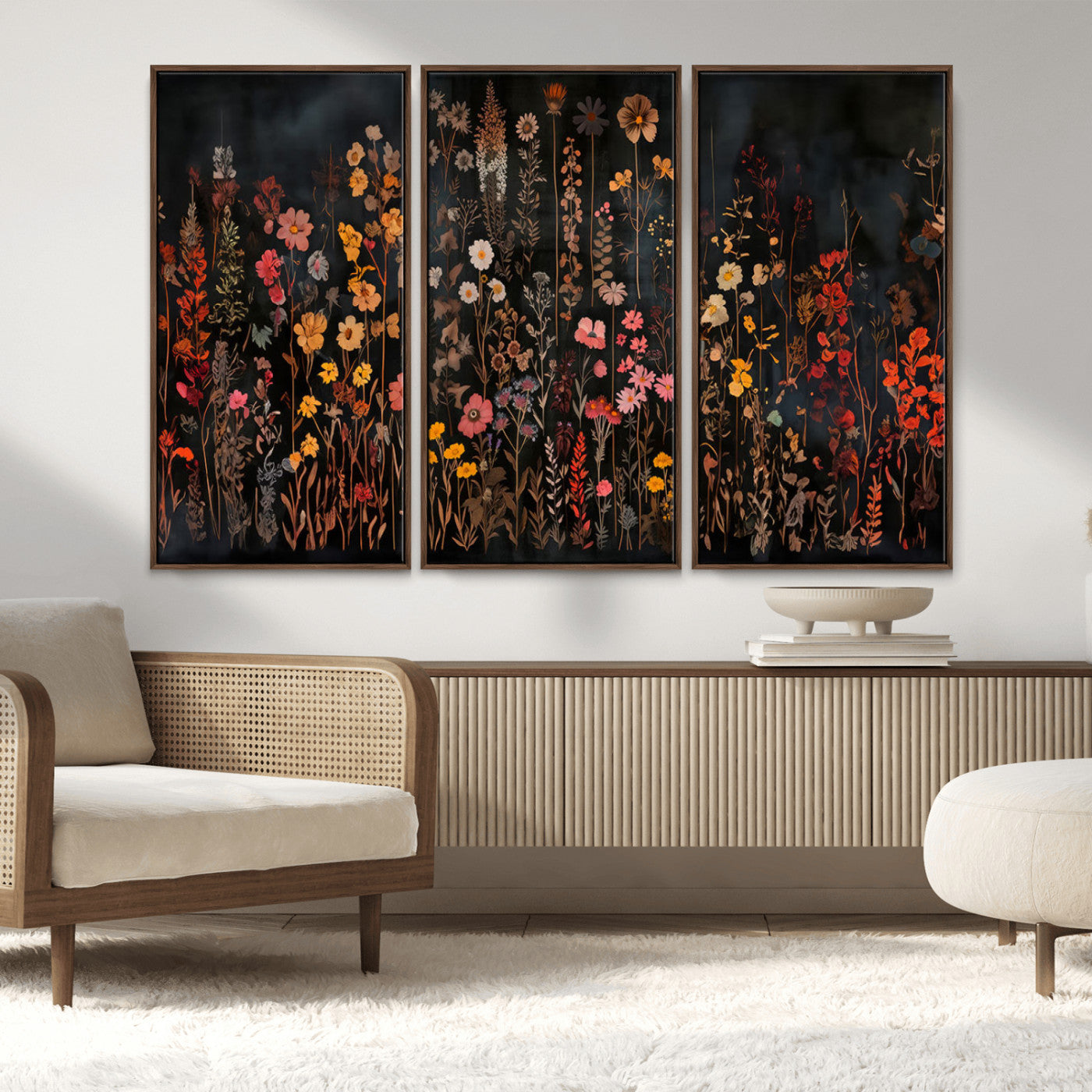 MGV-FC-48X32-3P - Dark Floral Canvas Wall Art - Moody Botanical Flower Print - Rustic Floral Wall Decor for Home -