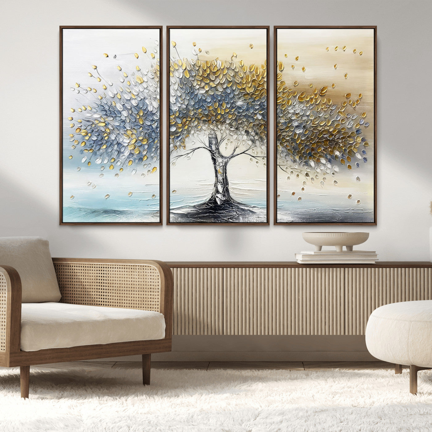 An elegant impasto painting featuring a tree with shimmering silver and gold leaves, blending soft pastels to create a calm and sophisticated atmosphere.