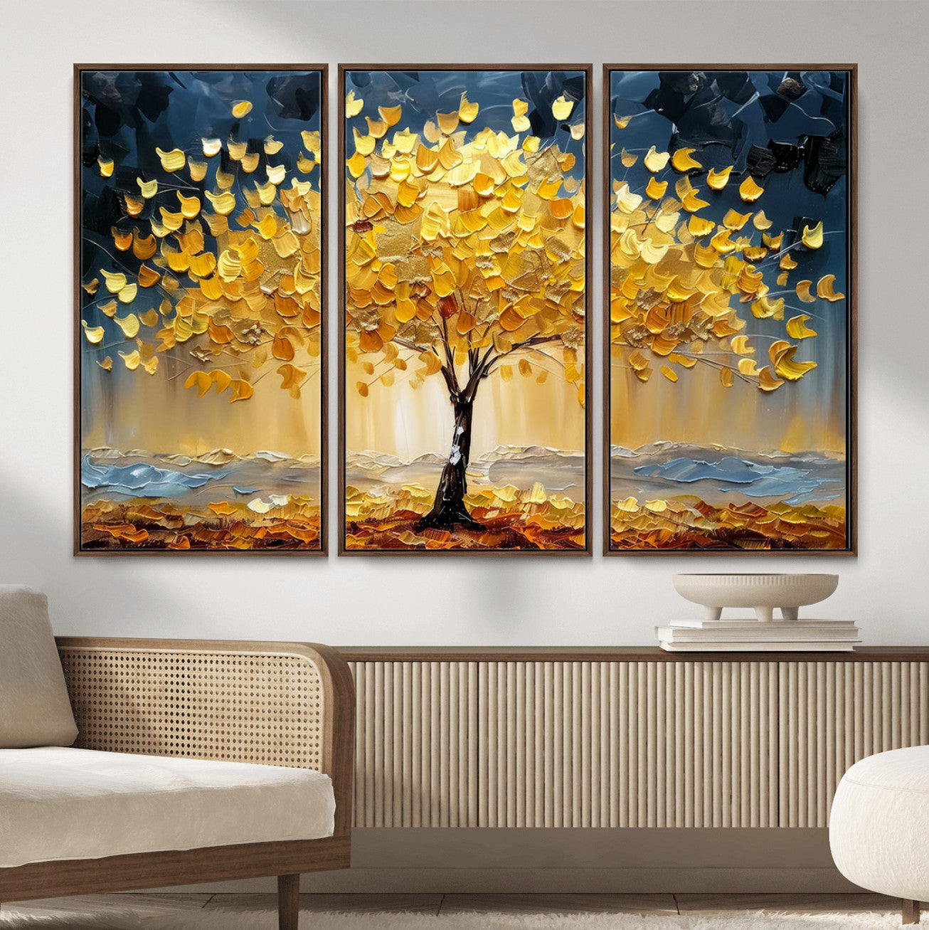 MGV-FC-48X32-3P - Golden Autumn Tree Wall Art – Canvas Print of Vibrant Fall Leaves, Seasonal Nature Scene Beautiful Fall Decor for Home, Office or Guest Room