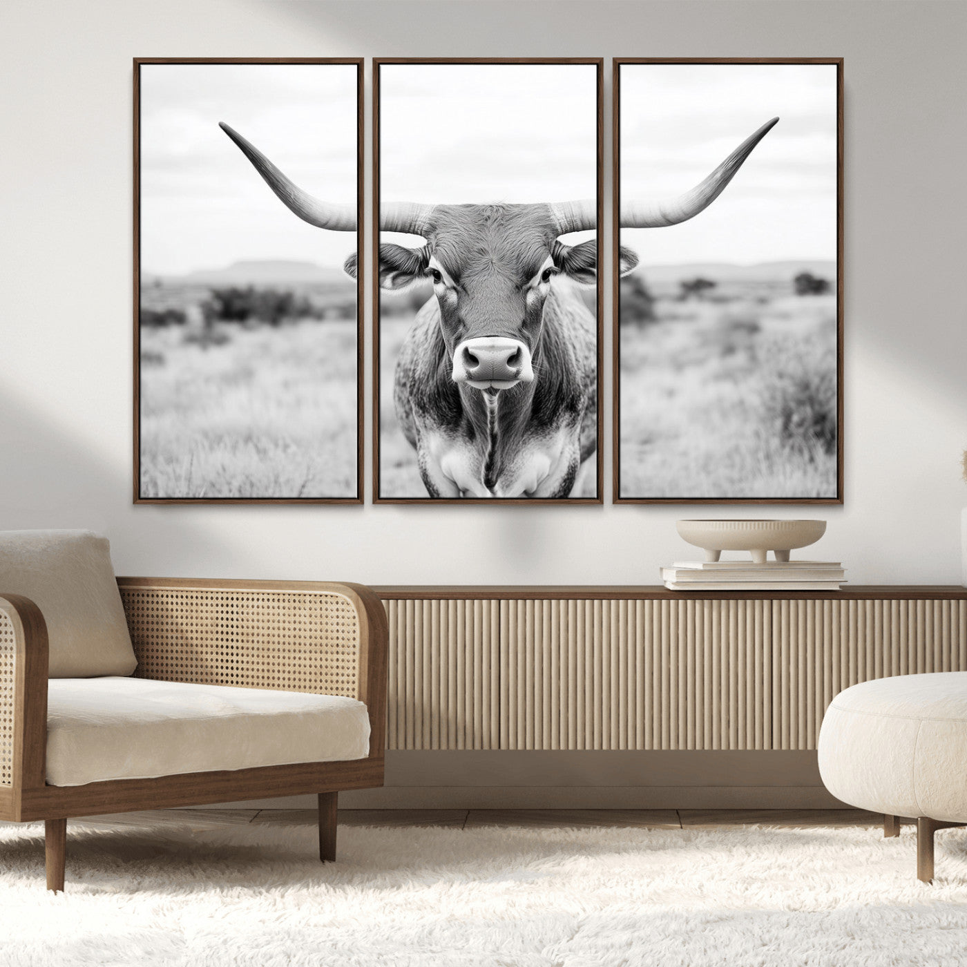 MGV-FC-48X32-3P - Highland Cow Wall Art Print - Black and White Texas Western Longhorn Canvas - Farmhouse Decor Print