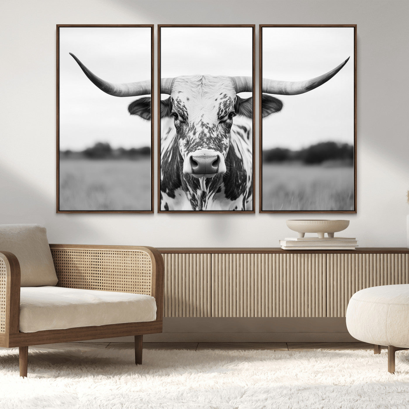 MGV-FC-48X32-3P - Highland Cow Wall Art - Black and White Western Longhorn Canvas Print - Farmhouse Living Room Decor