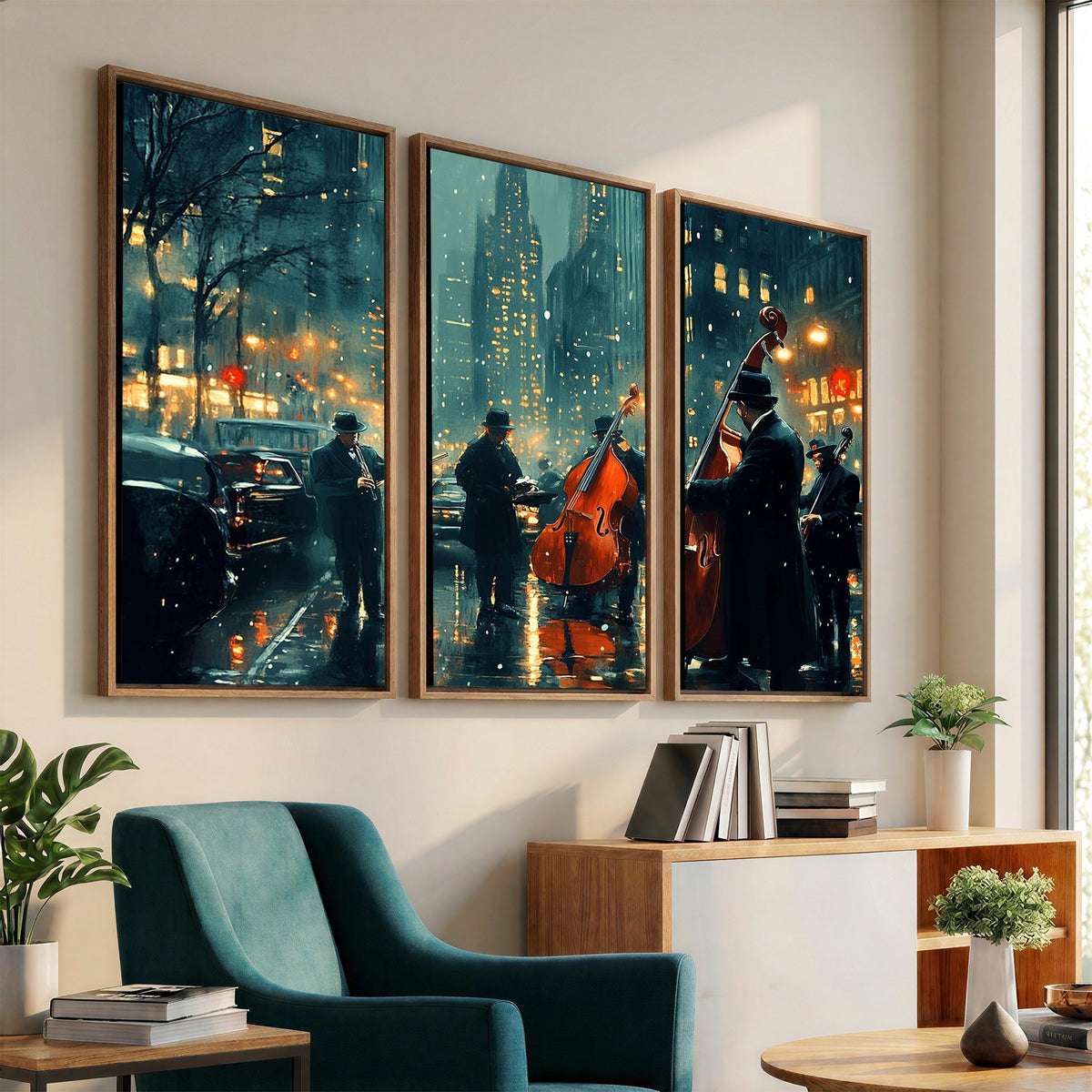 53391-MGV-CV-24X16 - Urban Night Jazz Wall Art Canvas Print | Moody Rain Soaked City Street Band Scene