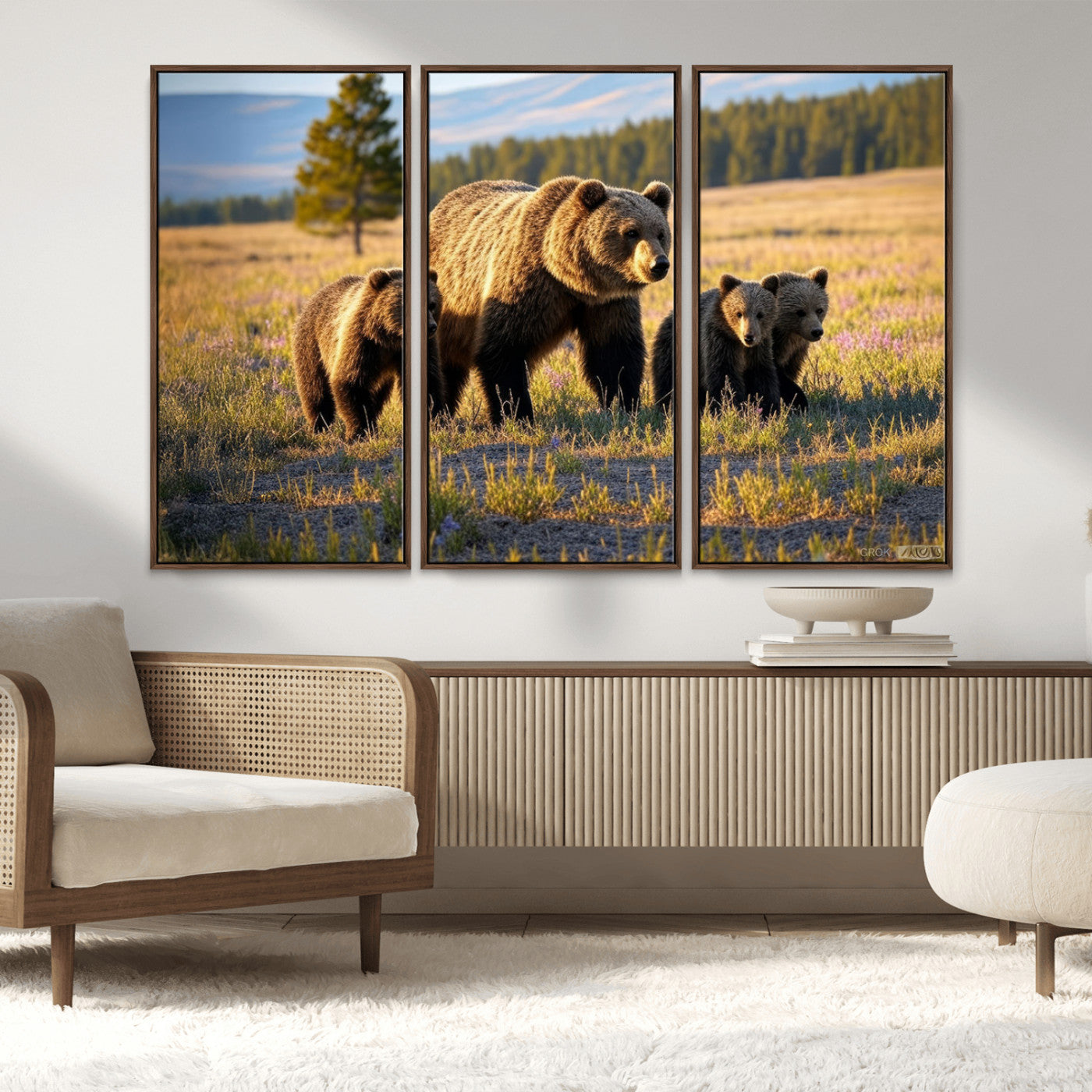 MGV-FC-48X32-3P - Grizzly 399 in Wild Flowers Wall Art Canvas Print, Grizzly Bears Wall Art, Queen of Grand Teton