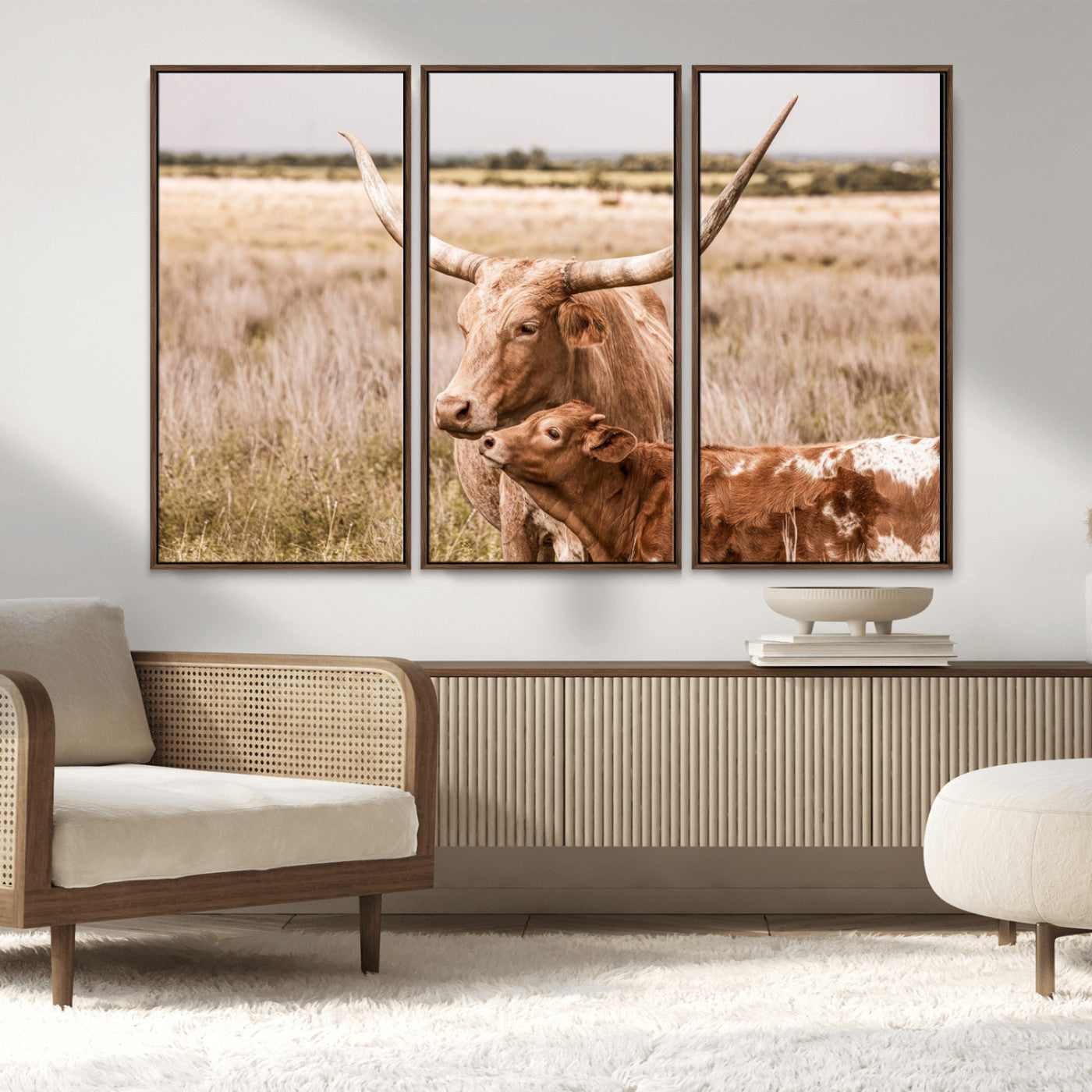 MGV-FC-48X32-3P - Texas Longhorn Cow Wall Art Canvas Print for Farmhouse Wall Art, Texas Decor, Western Wall Art Print