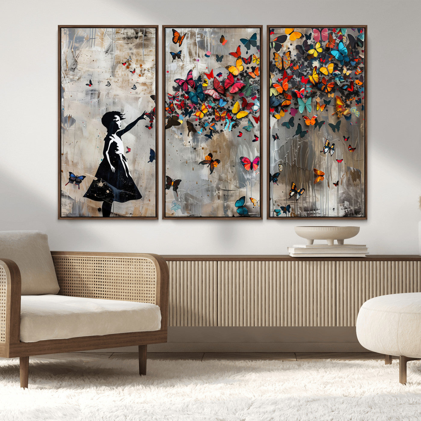 MGV-FC-48X32-3P - Banksy Butterfly Girl Wall Art | 3-Piece Butterfly Girl Canvas