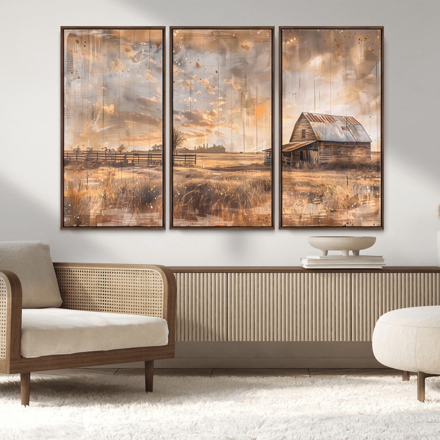 MGV-FC-48X32-3P - Rustic Farmhouse Wall Art Canvas Print | Barn and Field Canvas Print | Vintage Country Landscape