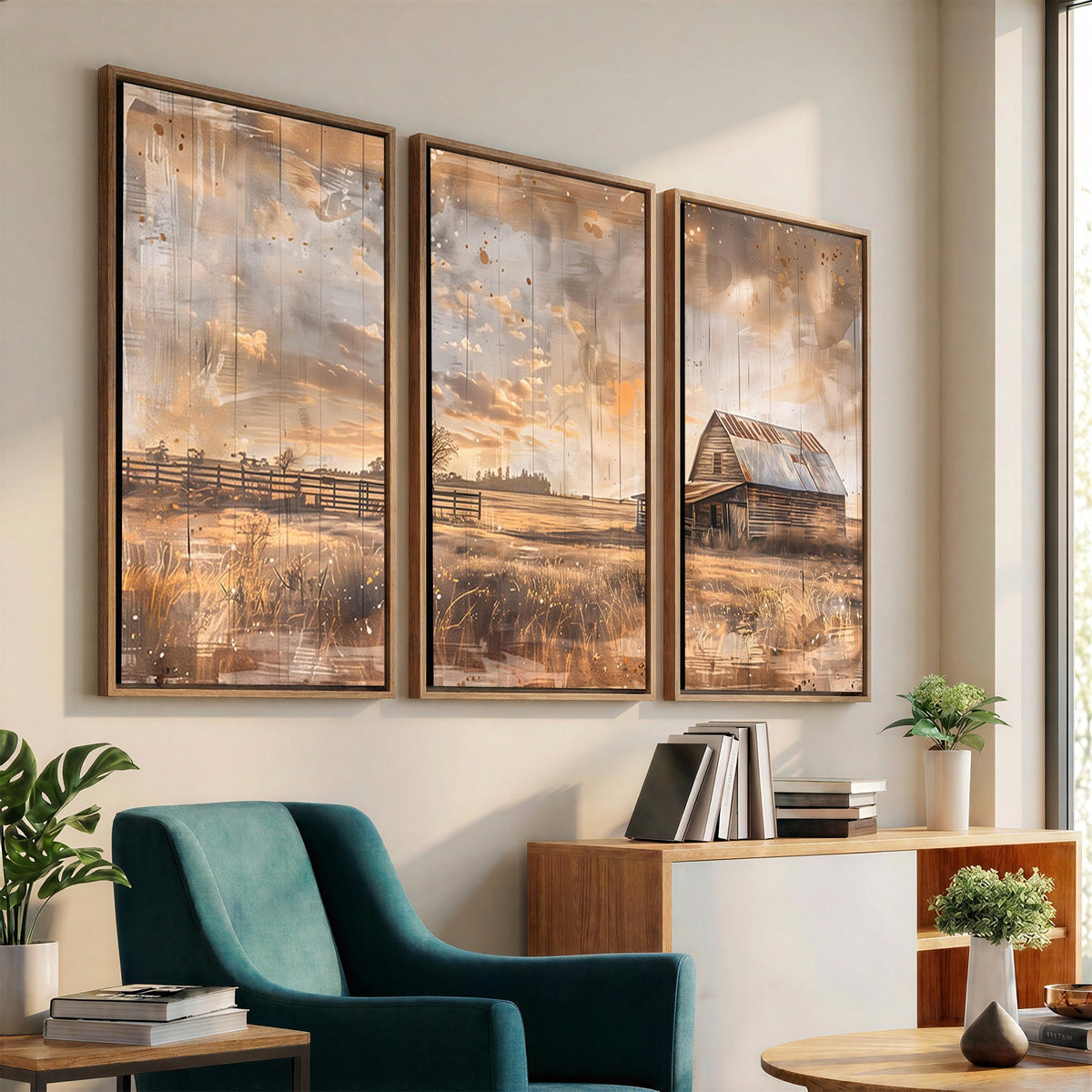 FARM2-MGV-CV-24X16 - Rustic Farmhouse Wall Art Canvas Print | Barn and Field Vintage Country Landscape