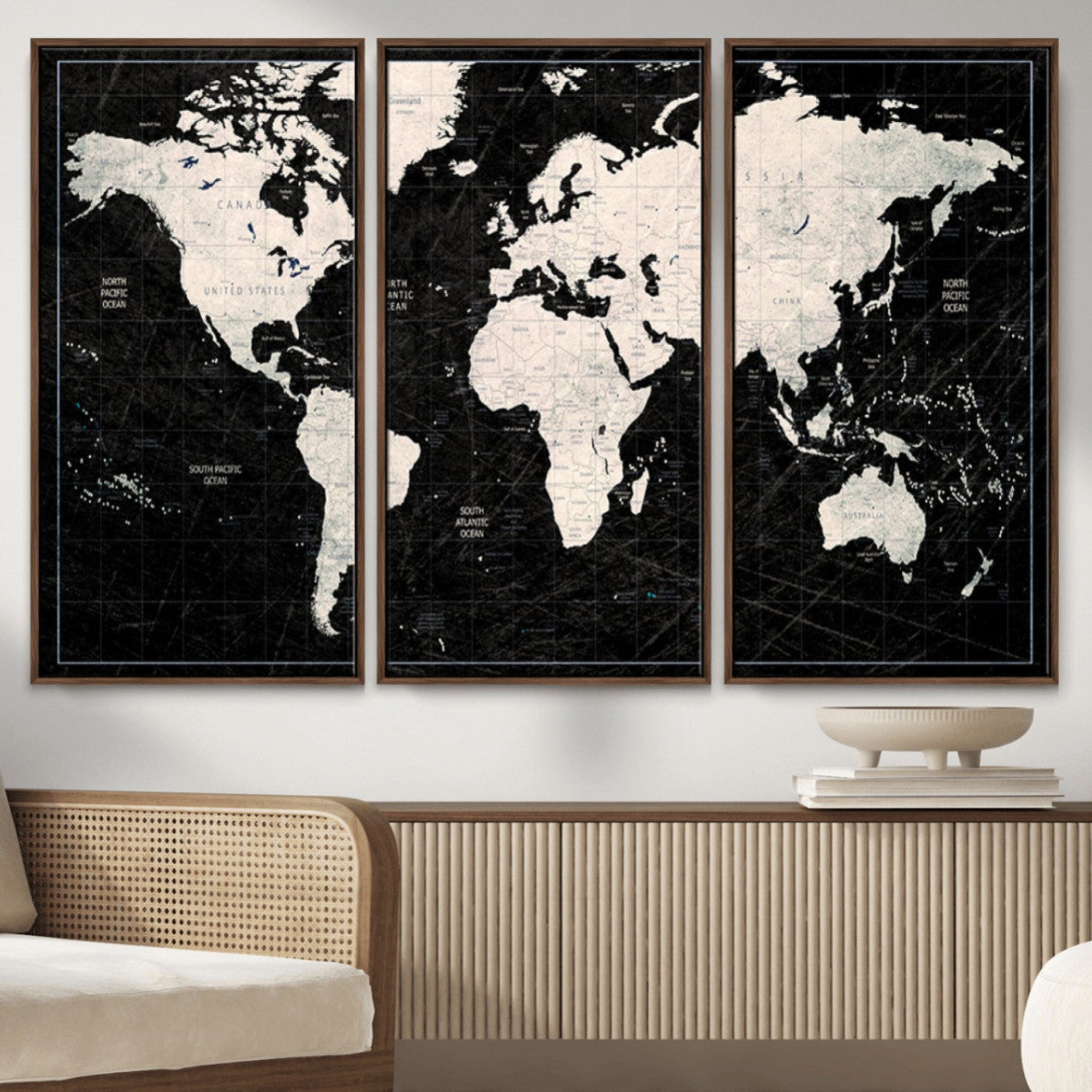 N50Black-MGV-CV-36X24-Push Pin World Map Canvas Print – Framed Travel Tracker Wall Art for Couples, Anniversary Gift and Elegant Home Decor