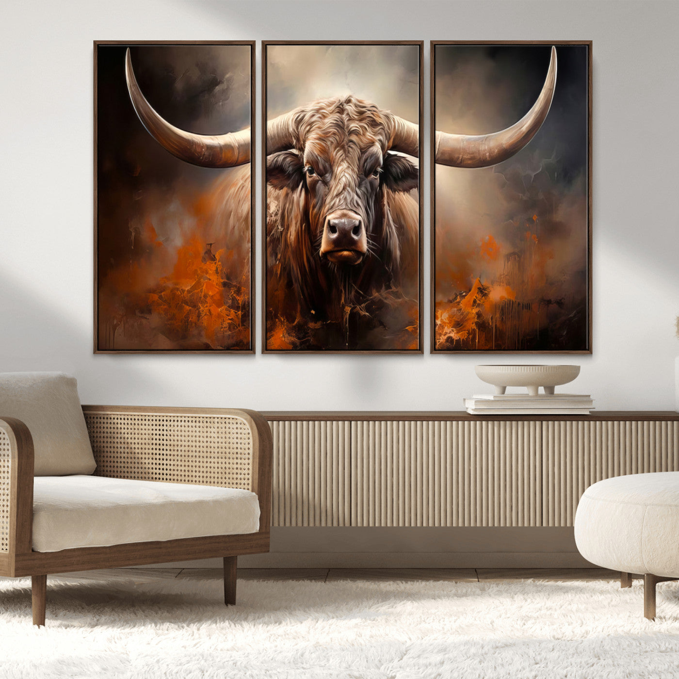 MGV-FC-48X32-3P - Highland Bull Canvas Abstract Canvas Wall Art Print – Powerful Highland Bull with Striking Horns in