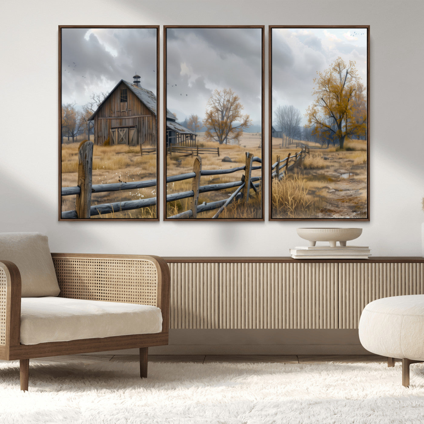 MGV-FC-48X32-3P - Rustic Autumn Farmhouse Wall Art Canvas Print – Serene Countryside Scene with Weathered Barn and