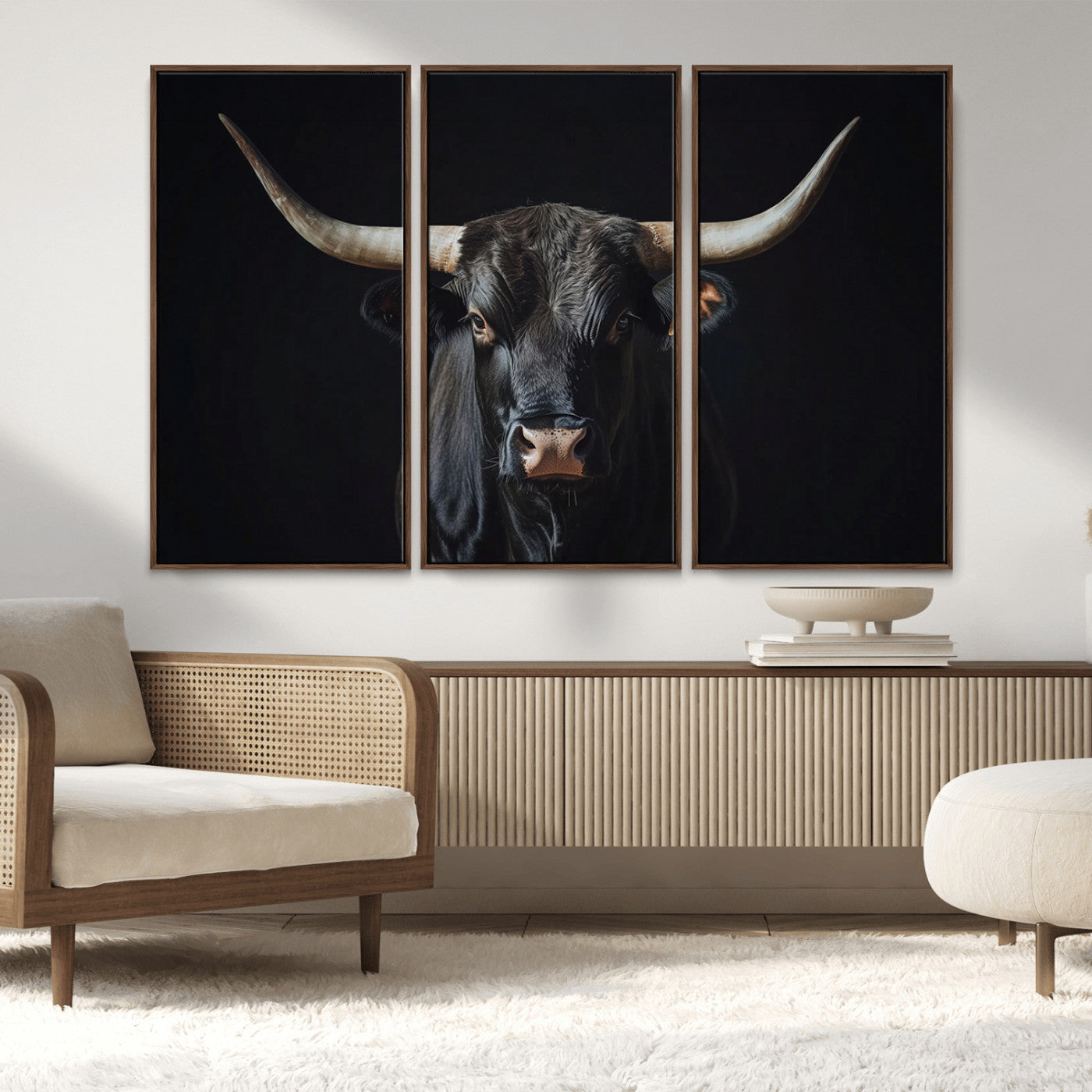 48065167-MGV-FC-48X32-3P_Walnut-Majestic Longhorn Bull Wall Art Canvas Print – Dark Background Western Ranch Portrait Artwork for Home, Office