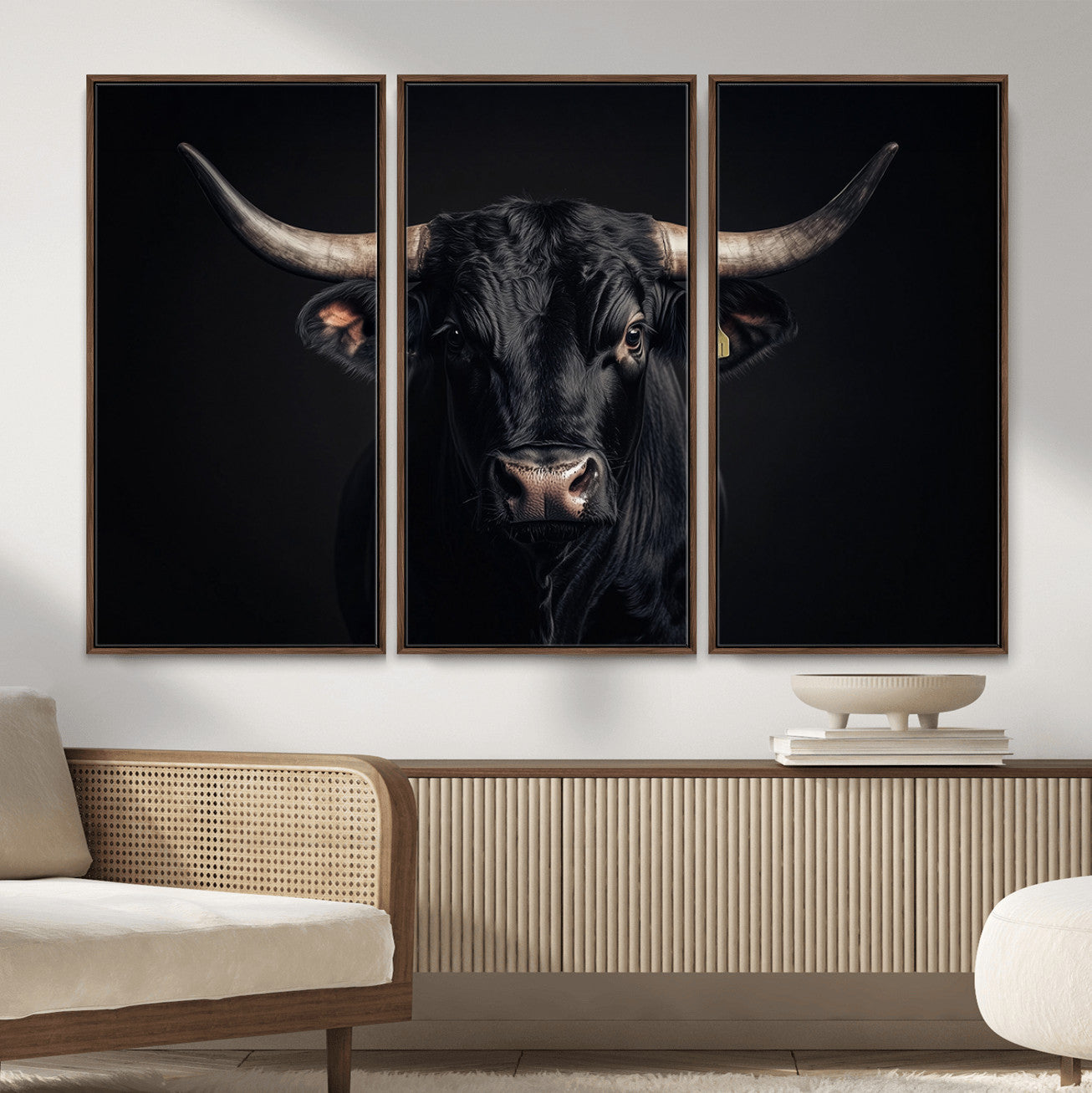 19671921-MGV-FC-48X32-3P_Walnut-Black Bull Wall Art – Framed Horned Bull Canvas Artwork, Western Cattle Design, Rustic Ranch Style Decor for Home, Office