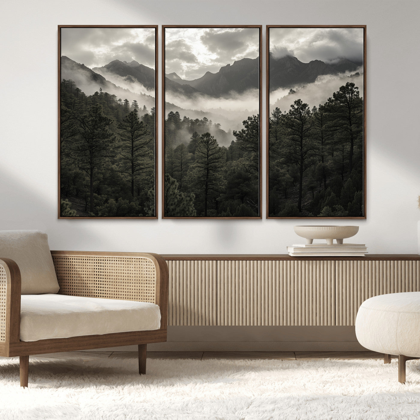 MGV-FC-48X32-3P - Misty Mountain Forest Wall Art – Canvas Print of Cloudy Peaks, Tranquil Pines, Enchanted Landscape, Majestic Nature Decor for Home or Office