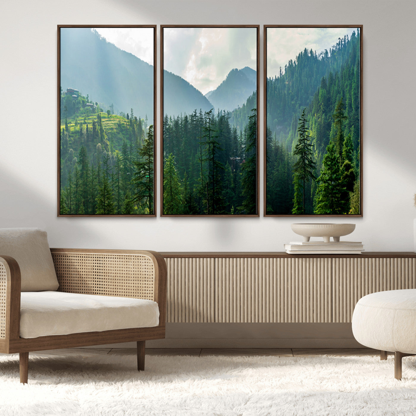 MGV-FC-48X32-3P - Misty Forest Mountain Canvas Print – Serene Nature Wall Art, Tranquil Valley
