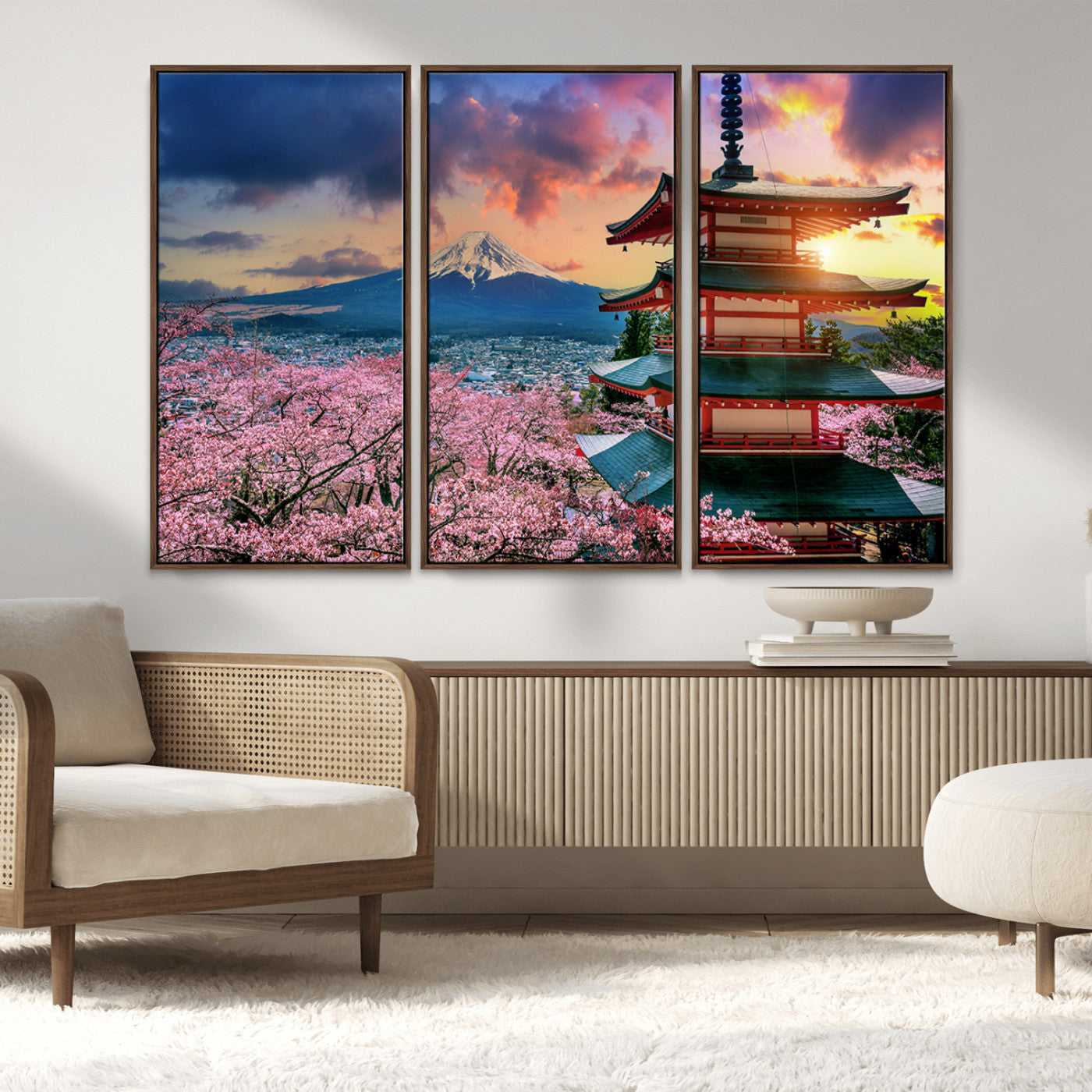 MGV-FC-48X32-3P - Mount Fuji & Cherry Blossom Wall Art Canvas Print – Iconic Japanese Landscape, Sakura Pagoda Sunset,