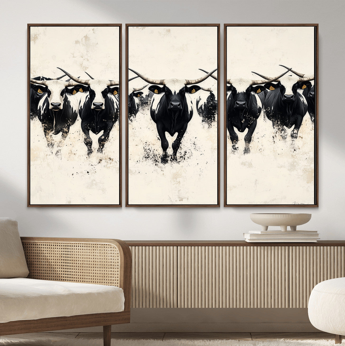 63302786-MGV-CV-36X24-Texas Longhorn Wall Art – Framed Black White Cattle Canvas Artwork, Stampede Bull Design, Western Ranch Decor for Home, Office